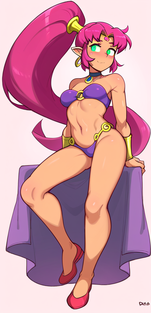 ai_generated aianonguy blush cosplay dc_comics dross_(style) earrings green_eyes orange_body panties pantsless pink_hair red_hair self_upload shantae shantae_(character) shantae_(cosplay) stable_diffusion starfire teen_titans