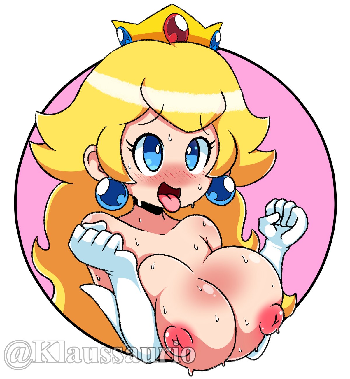 1girls armwear blonde_hair blue_eyes blush breasts crown ear_piercing eyelashes female female_only horny_female human klaussaurio light-skinned_female light_skin long_hair mario_(series) nintendo nipples nude nude_female open_mouth princess princess_peach royalty solo solo_female sweat sweating tagme tongue tongue_out