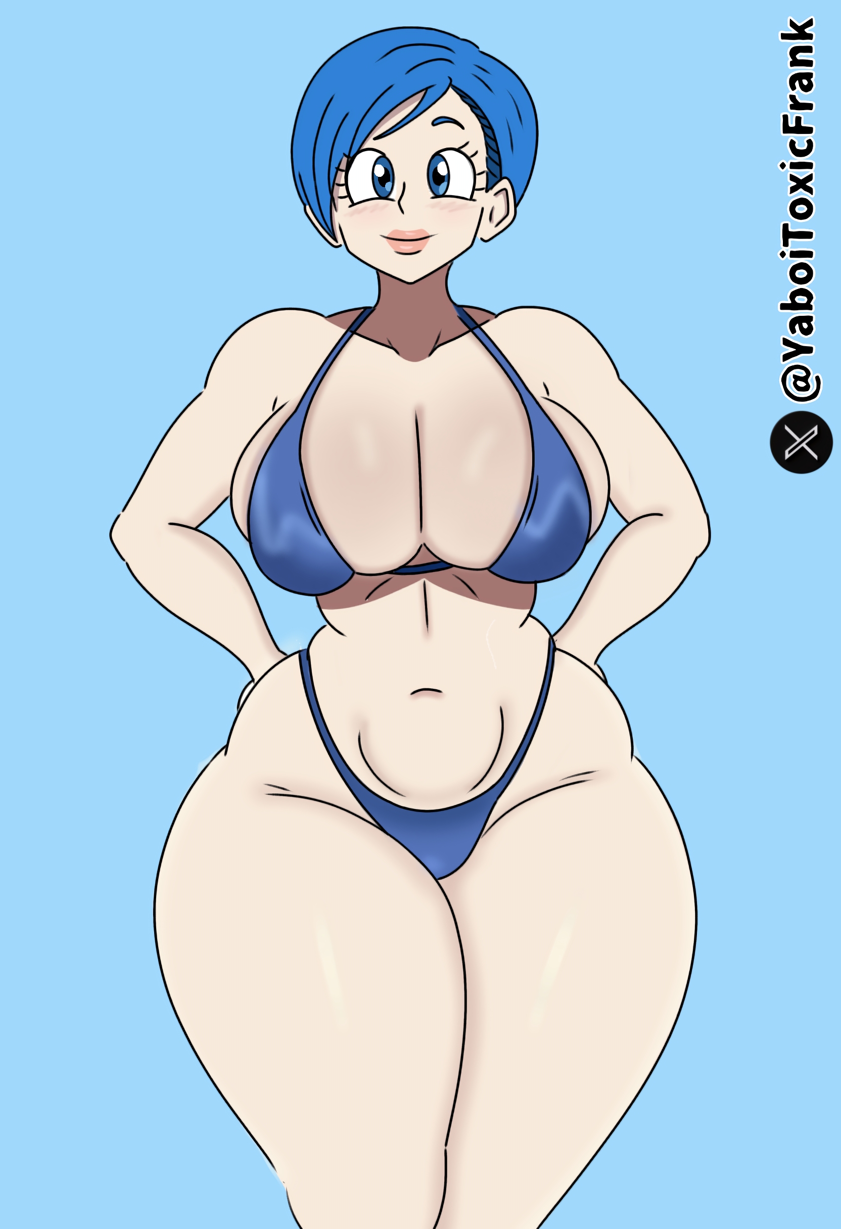 about to burst, ass, barely contained, barely contained breasts, barely fits, bikini, blue hair, breasts, breasts too big, bulma (dragon ball), bulma briefs, bursting breasts, dragon ball, dragon ball super, female, huge breasts, imminent wardrobe malfunction, inconvenient boobs, inconvenient breasts, looking at viewer, mature female, milf, selfie, smiling, smiling at viewer, thick ass, thick thighs, tight bikini, tight clothing, tight fit, too tight, undersized clothes, undersized clothing, voluptuous, voluptuous female, wardrobe malfunction, wide hips, yaboitoxicfrank