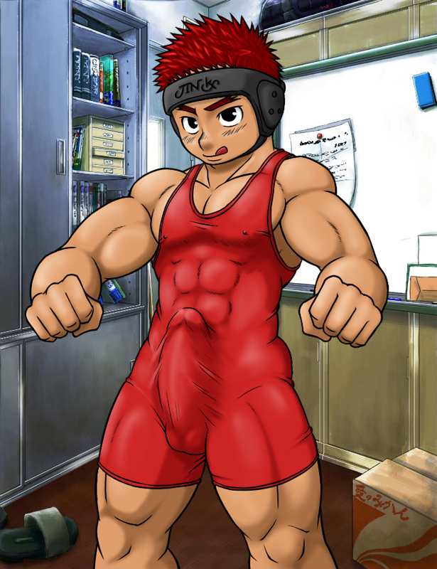 bulge clothes headgear human indoors jin-ks male male_only muscles solo standing wrestler