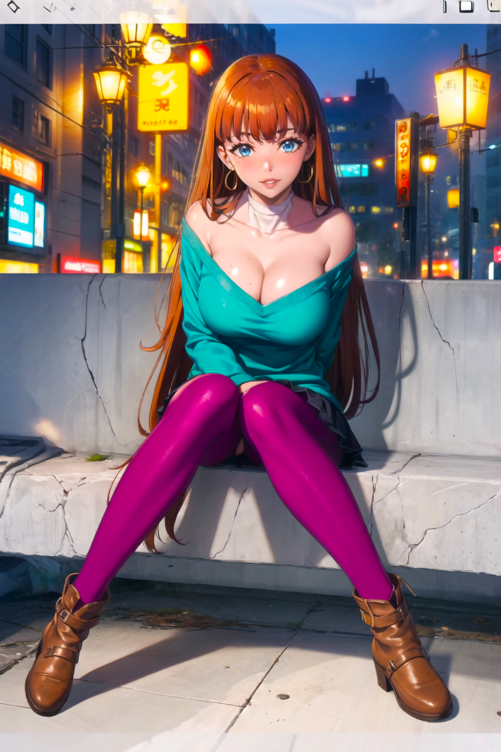 ai_generated alluring anime asian asian_female bangs beautiful beautiful_females blue_eyes brown_hair_female city city_background city_lights cleavage digital_media_(artwork) earrings exposed_shoulders girl green_shirt hair_down happy hoop_earrings large_breasts lee_joo_hee looking_at_viewer manhwa off_shoulder pantyhose pink_pantyhose shoes sitting_down skirt smiley_face solo_female solo_focus solo_leveling teeth toongenai waifu young_female