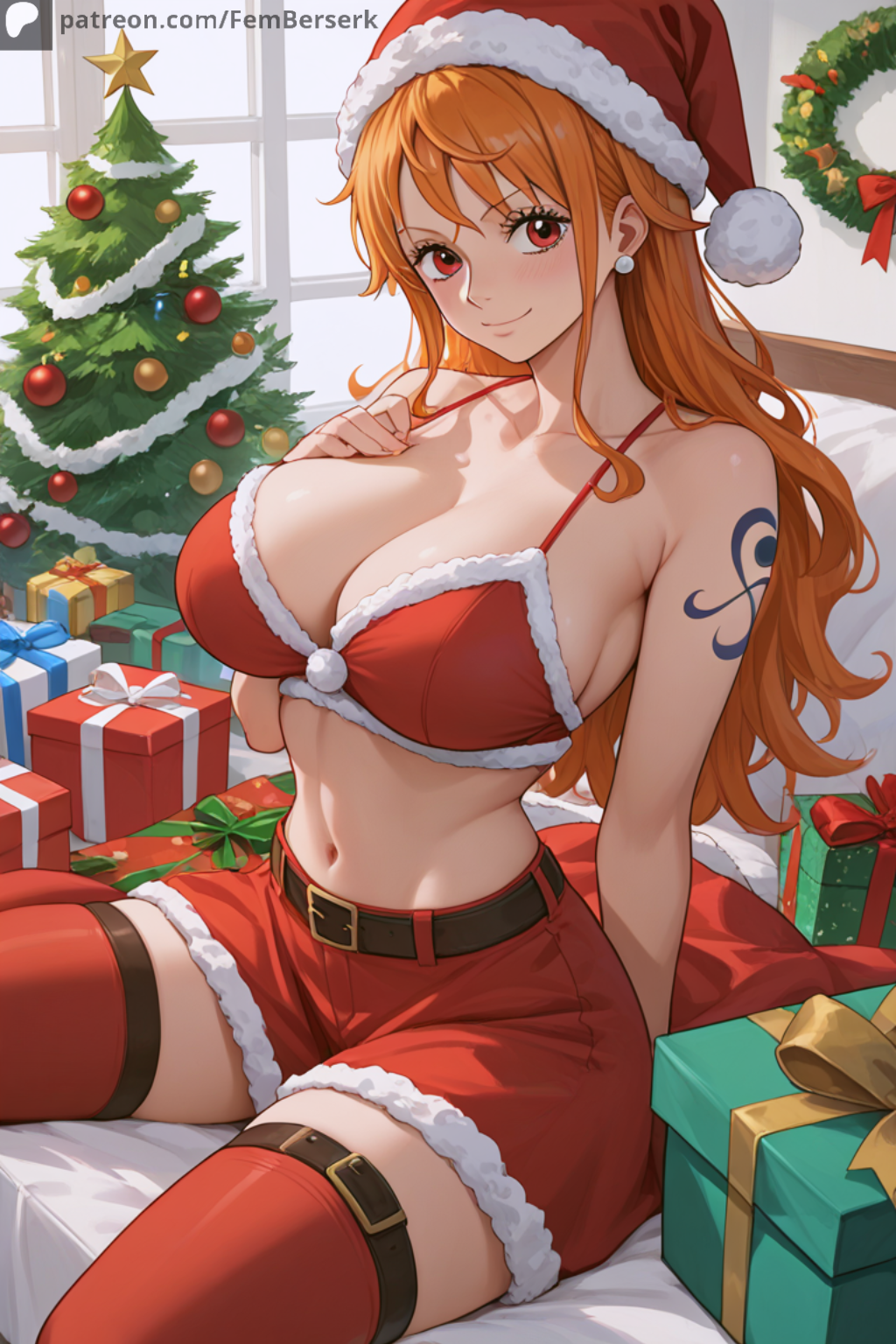 1girls big_breasts curvy_figure huge_breasts long_hair nami_(one_piece) one_piece santa_costume santa_hat