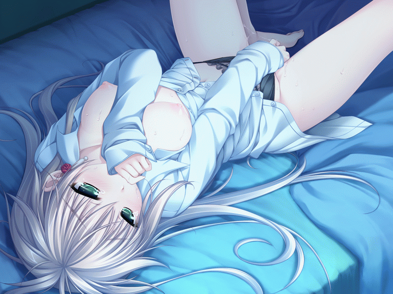 1girls animated arisa_crain_femiluna artist_request barefoot bed bed_sheet biting blonde_hair blush breasts breasts_out character_request earrings female finger_biting fingering game_cg green_eyes jewelry long_hair lying masturbation nipples no_bra no_pants on_back on_bed open_clothes open_shirt panties pussy_juice shirt silver_hair solo spread_legs sweat tear underwear w.l.o_sekai_ren'ai_kikou w.l.o_sekai_renai_kikou white_hair