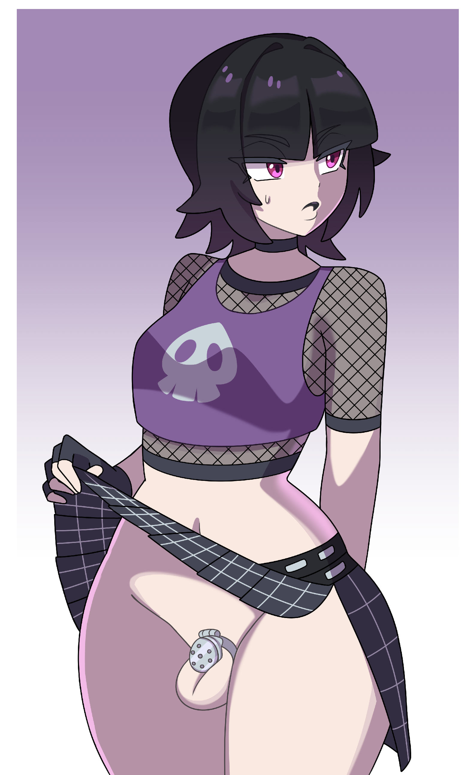 1dickgirl, 1futa, alfwenx, balls, belly button, black hair, bottomless, breasts, chastity cage, chastity device, choker, clothed, clothing, commission, commissioner upload, dickgirl, embarrassed, fishnets, flat chastity cage, futa only, futanari, goth, human, intersex, lifting skirt, light skin, lipstick, male, male only, mostly clothed, original character, pale skin, pandoria (oc), penis, pink eyes, pokemon, pokemon trainer, punk, small penis, solo, standing, sweatdrop, tagme, thick thighs, thighs, trans woman, transfem