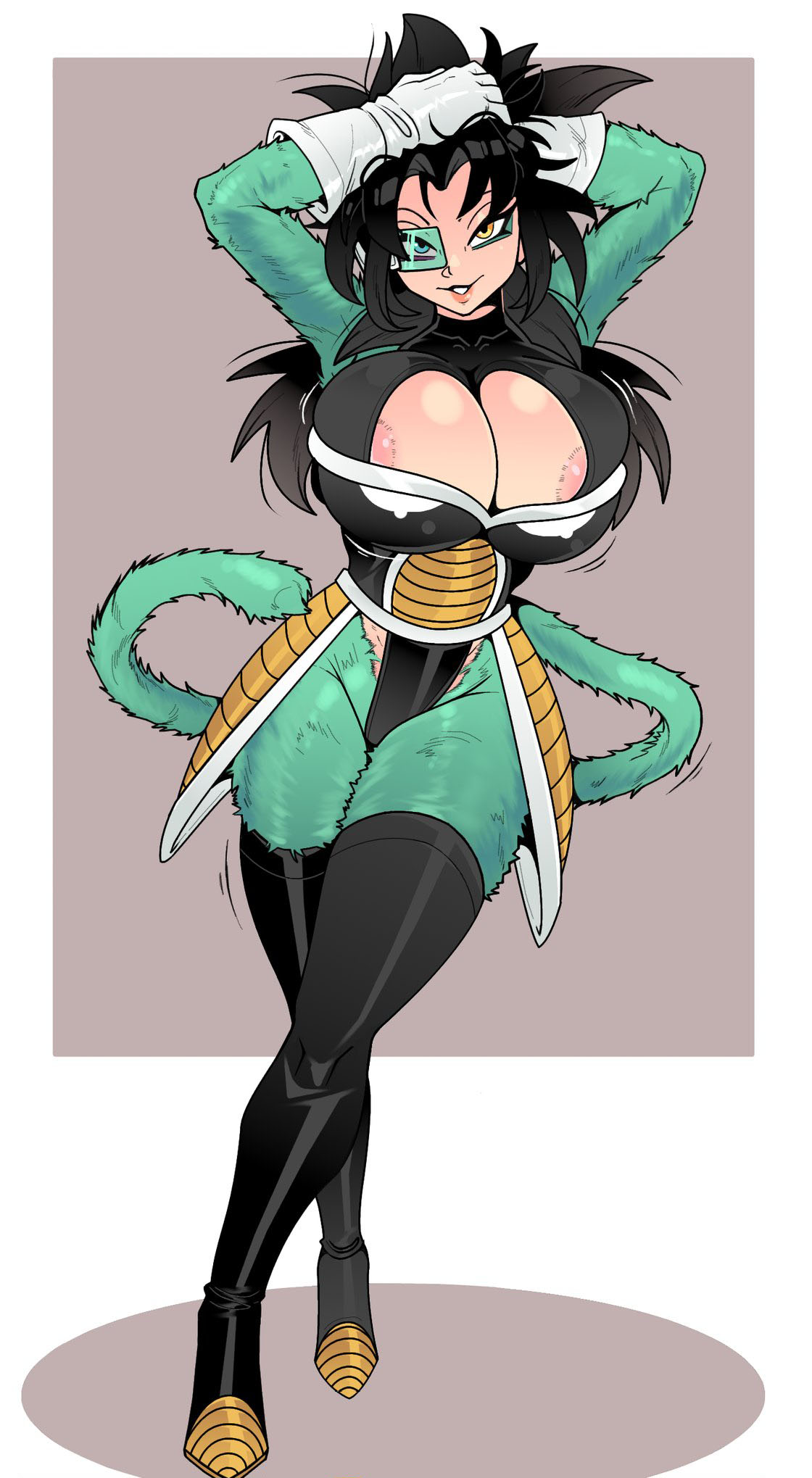 1girls 2024 amber_eyes areola_slip big_breasts black_hair commission dragon_ball fan_character female female_only fur gloves green_fur hands_on_head hi_res high_boots kiwiartsu long_hair looking_at_viewer saiyan saiyan_armor saiyan_girl scouter smile smiling_at_viewer solo super_saiyan_4 tail tinted_eyewear