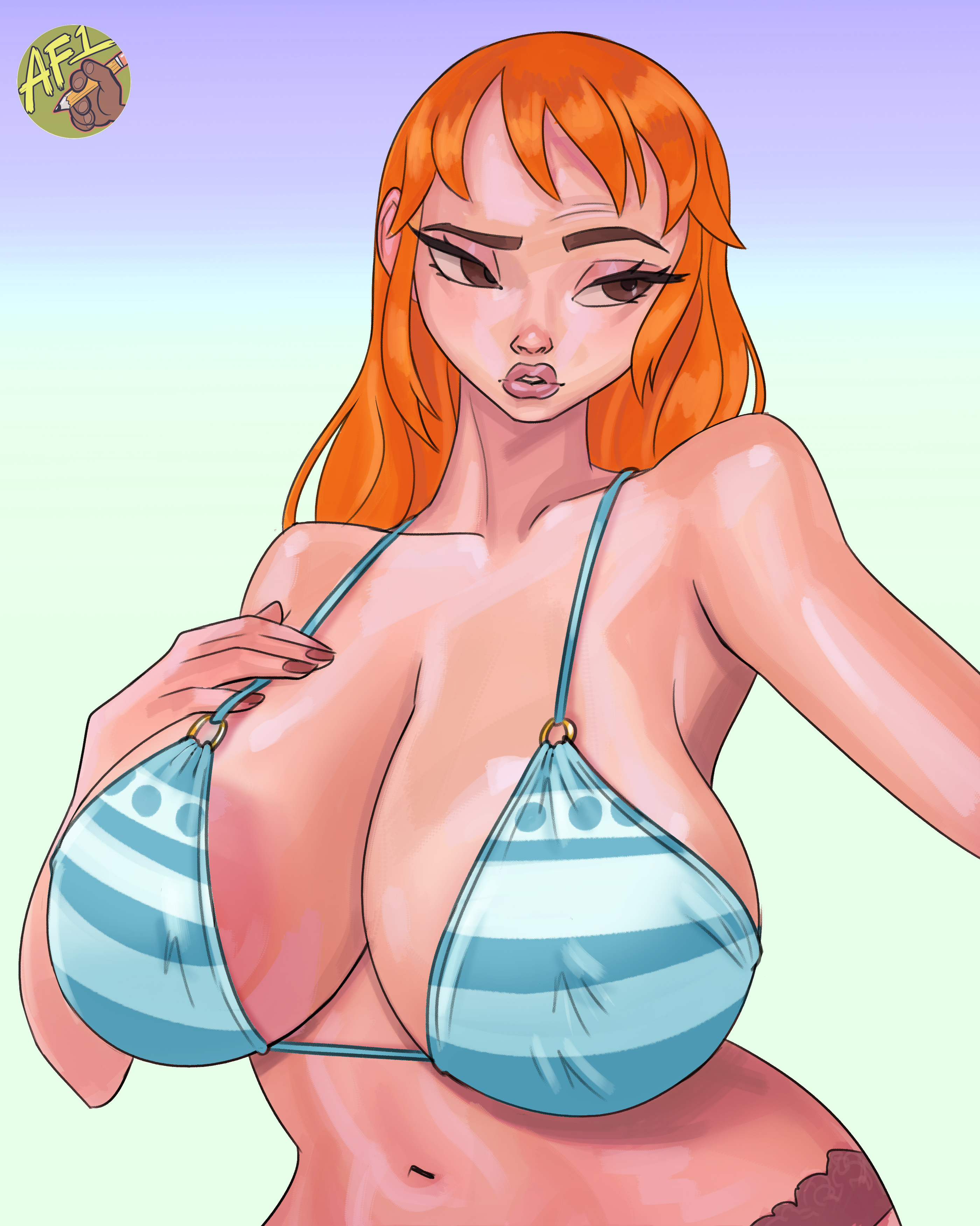 1girls, alternate version available, artfoo 1, big breasts, bikini, bikini top, breasts, brown hair, clothing, eyelashes, female, female focus, female only, huge breasts, light skin, light-skinned female, long hair, looking to the side, nami (one piece), one piece, orange hair, post-timeskip, voluptuous, voluptuous female