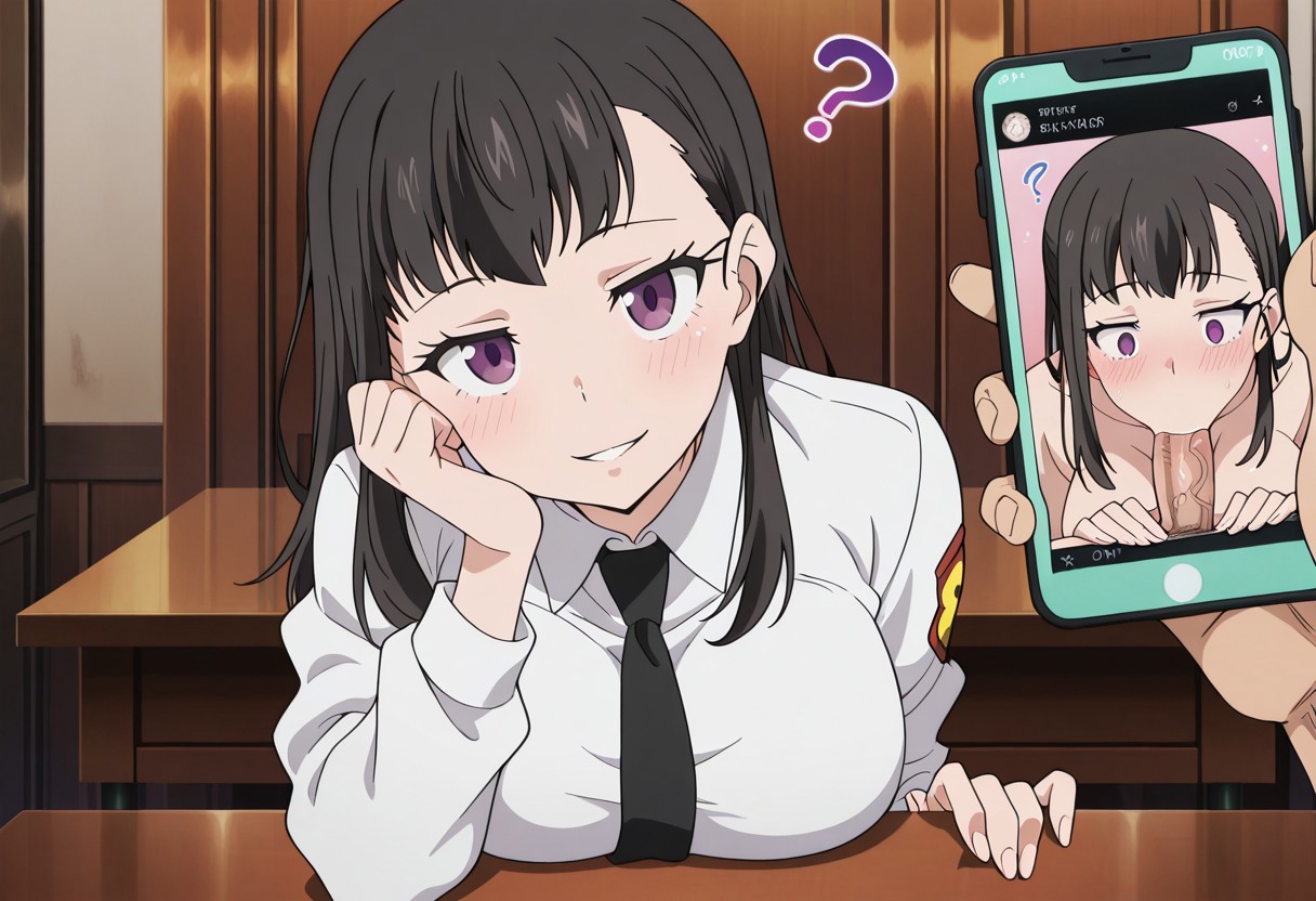 1boy, 1girls, ai generated, big breasts, black hair, blowjob, breasts, cellphone, cellphone picture, en'en no shouboutai, enen no shouboutai, fellatio, female, fire force, hanging breasts, huge breasts, juxtaposition, large breasts, long hair, looking at viewer, maki oze, male, massive breasts, oral, oze maki, phone, photo comparison, photographic proof, purple eyes, ruined reputation, straight, takehisa hinawa