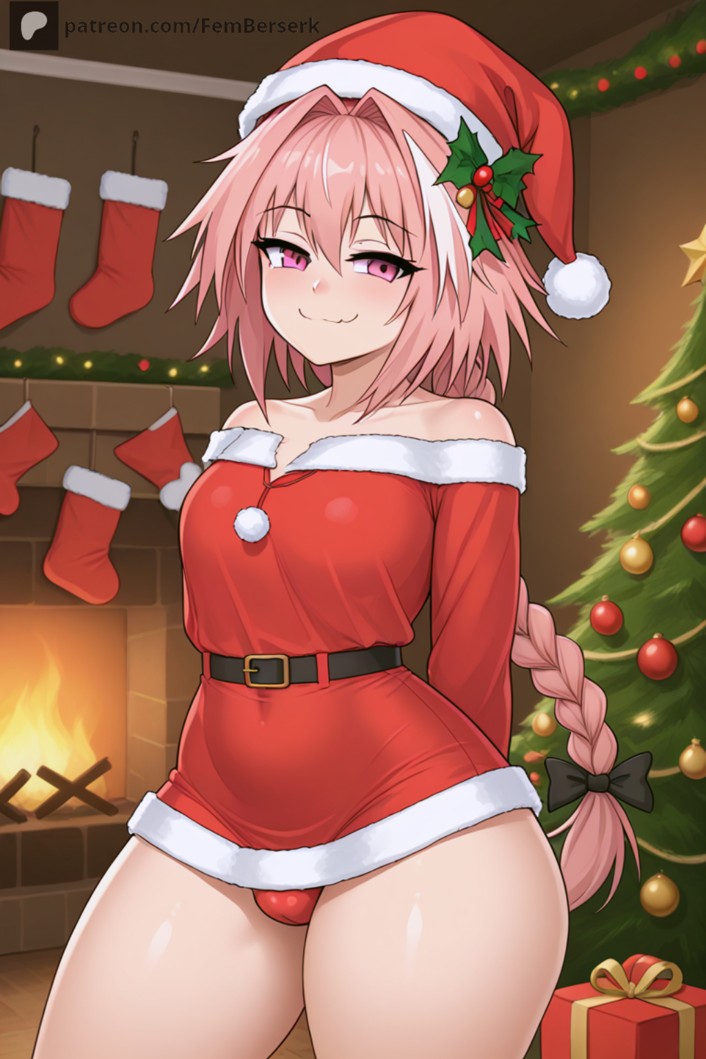 ai_generated astolfo_(fate) big_hips bulge fate_(series) femberserk femboy flat_chest gay otoko_no_ko panties patreon pink_eyes pink_hair santa_costume santa_hat sissy thighs trap wide_hips