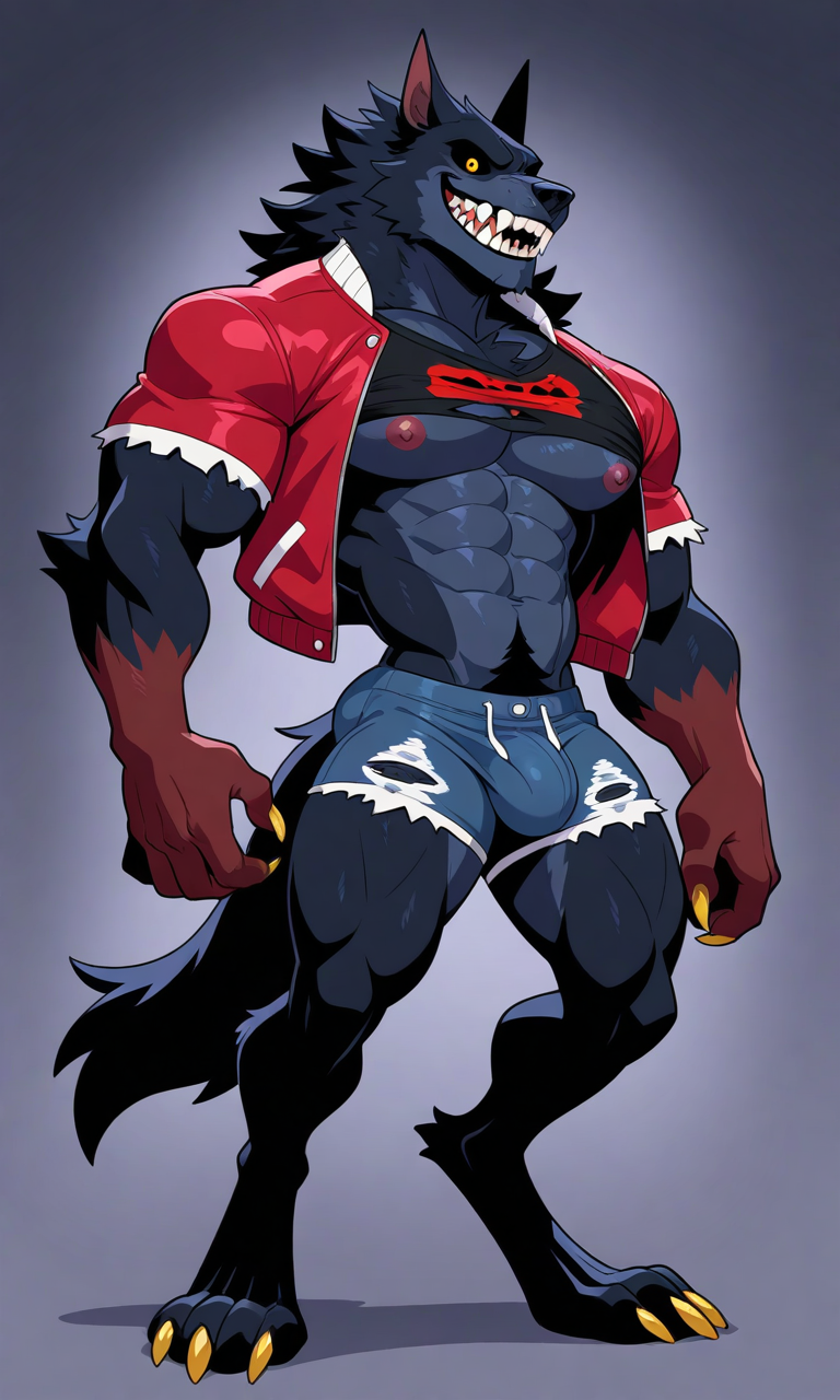 ai_generated bulge_through_clothing claws clothed clothed_male creepy furry_male furry_only glowing_eyes hairy_male huge_pecs jock male_focus male_only monster muscular nipples pectorals scary sharp_teeth shirt_in_mouth slutty_clothing solo_anthro solo_male werewolf