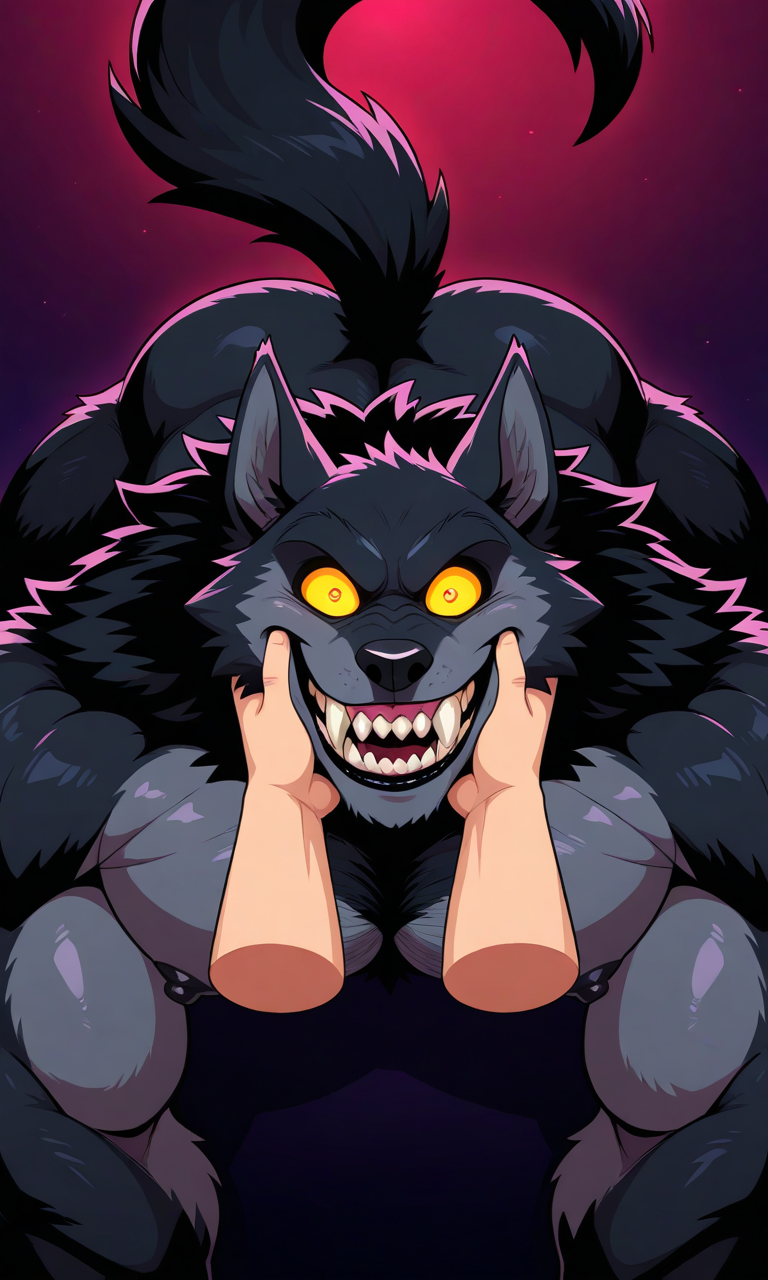 ai_generated arched_back ass_in_view ass_visible_from_the_front creepy disembodied_hands furry_male furry_only glowing_eyes hairy_male hands_holding_face huge_pecs male_focus male_only monster muscular nipples on_all_fours pectorals scary sharp_teeth solo_anthro solo_male tailwag werewolf