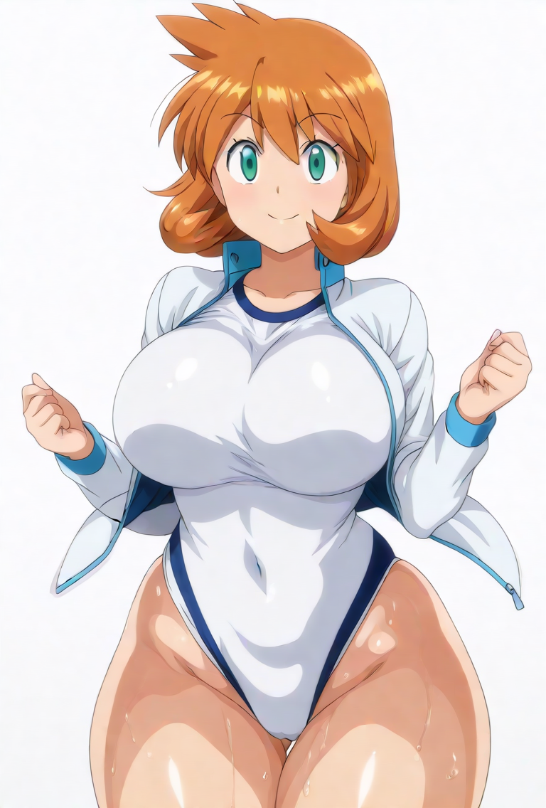 ai_generated bangs blush breasts cameltoe closed_mouth clothing competition_swimsuit covered_navel curvaceous female female female_only green_eyes gym_leader highleg highleg_swimsuit huge_breasts jacket kasumi_(pokemon) kasumi_(pokemon) large_breasts legs long_sleeves looking_at_viewer misty_(pokemon_hgss) navel one-piece_swimsuit open_clothes open_jacket orange_hair pokemon pokemon_character pokemon_gsc pokemon_hgss shiny_hair shiny_skin shirt short_hair smile solo standing swimsuit tank_suit thick_thighs thighs wet white_jacket white_one-piece_swimsuit white_swimsuit wide_hips