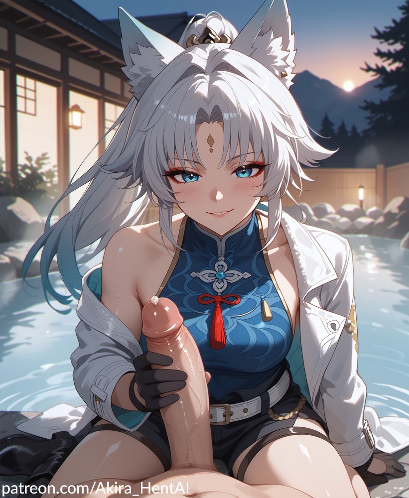 1girls ai_assisted ai_generated akira_hentai animal_ear_fluff animal_ears blowjob feixiao_(honkai:_star_rail) fox holding_penis honkai:_star_rail horny looking_at_viewer looking_back shy