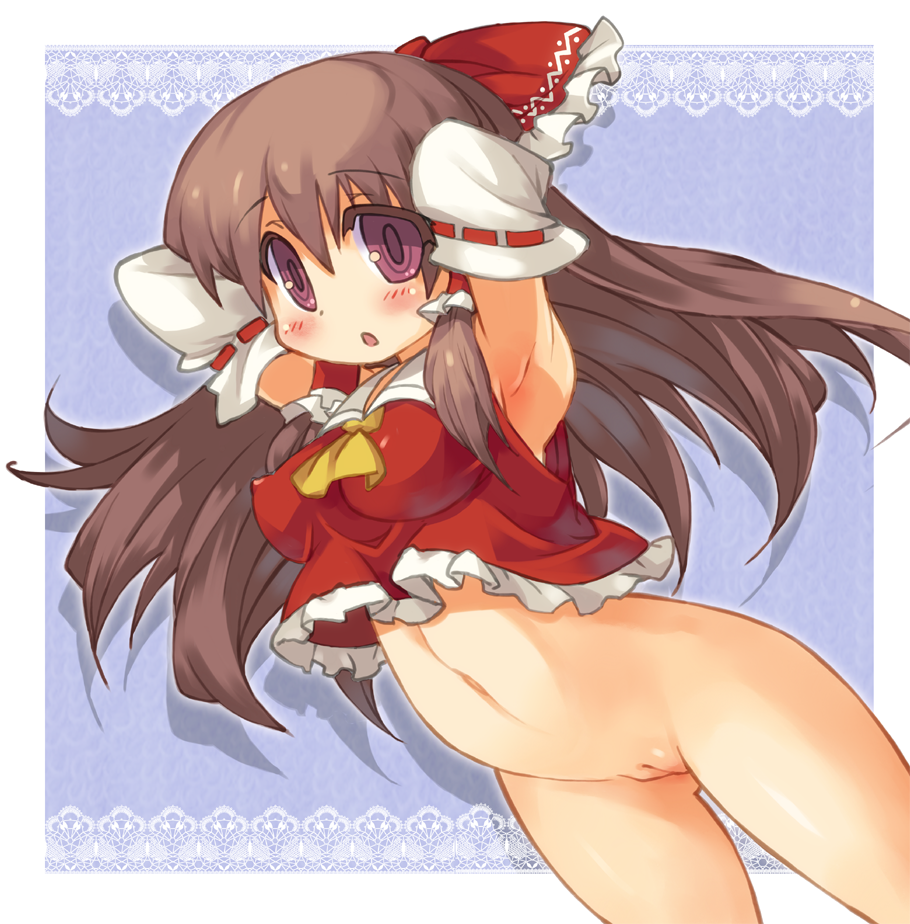 armpits arms_behind_head arms_up ascot bottomless breasts brown_eyes brown_hair detached_sleeves erect_nipples fat_mons female female_only human impossible_clothes impossible_clothing impossible_shirt long_hair navel purple_eyes pussy reimu_hakurei shirt solo touhou tsuderou uncensored