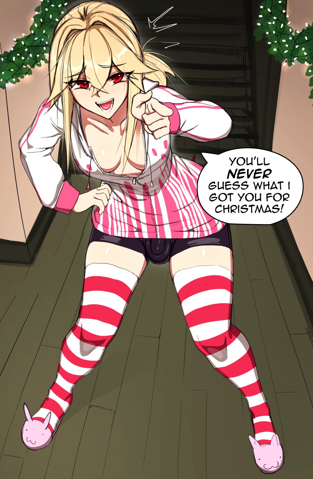 1futa balls blonde_hair breasts bulge_through_clothing christmas clothed clothing english_text flaccid futa_only futanari human light-skinned_futanari light_skin long_hair mostly_nude necrosmos nemesis_(necrosmos) penis solo