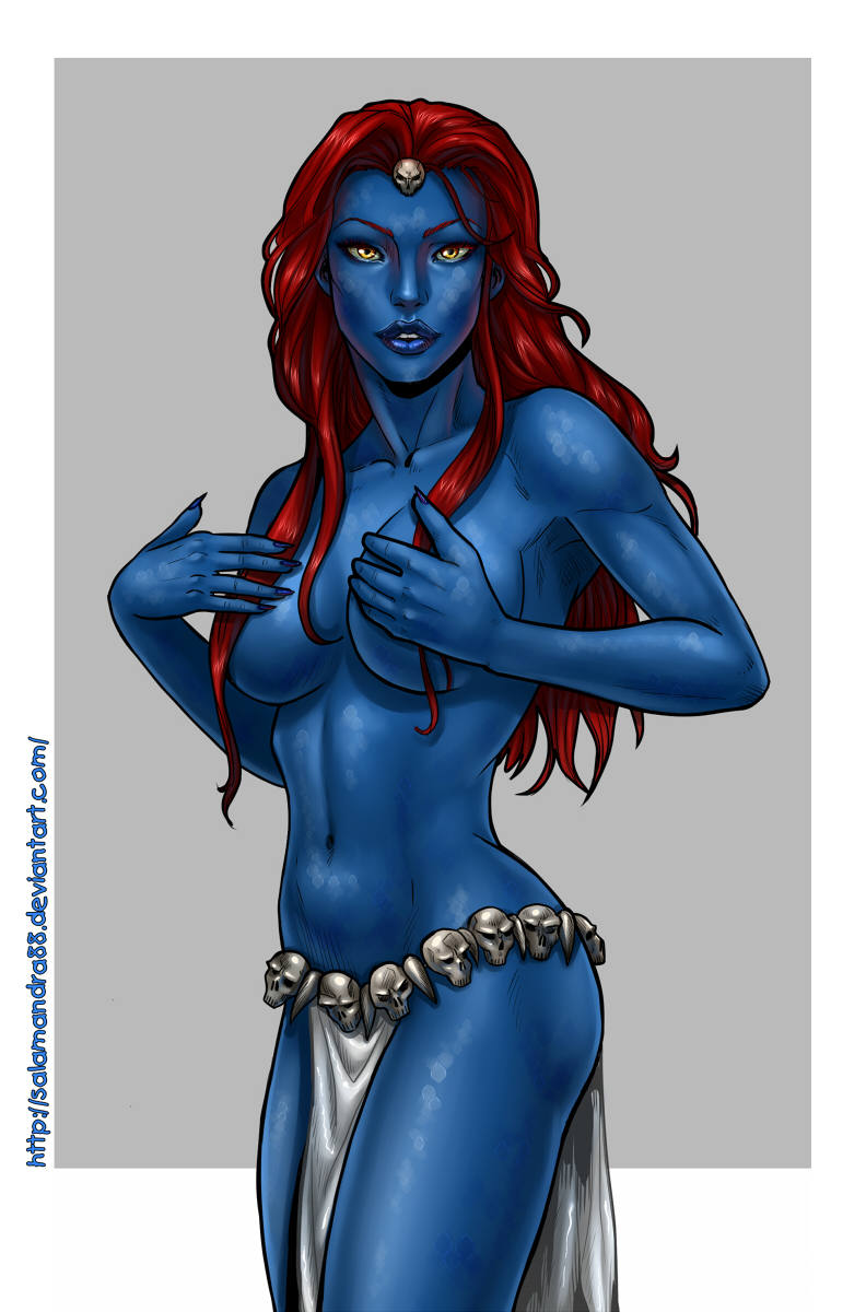 1girls blue_lipstick blue_skin breasts covering covering_breasts loincloth long_hair marvel marvel_comics medium_breasts mystique red_hair salamandra88 solo solo_female x-men yellow_eyes