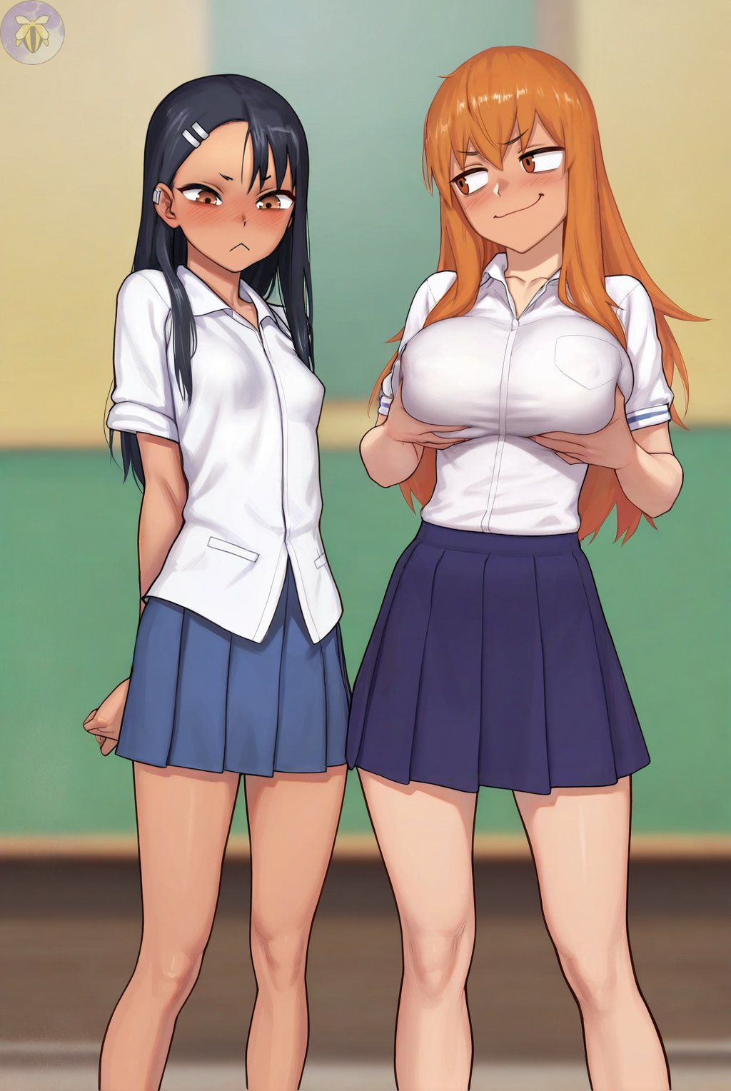 2girls ai_generated big_breasts breast_grab clothed clothing gamo-chan hayase_nagatoro looking_down please_don&#039;t_bully_me,_nagatoro school_uniform small_breasts solo_female standing