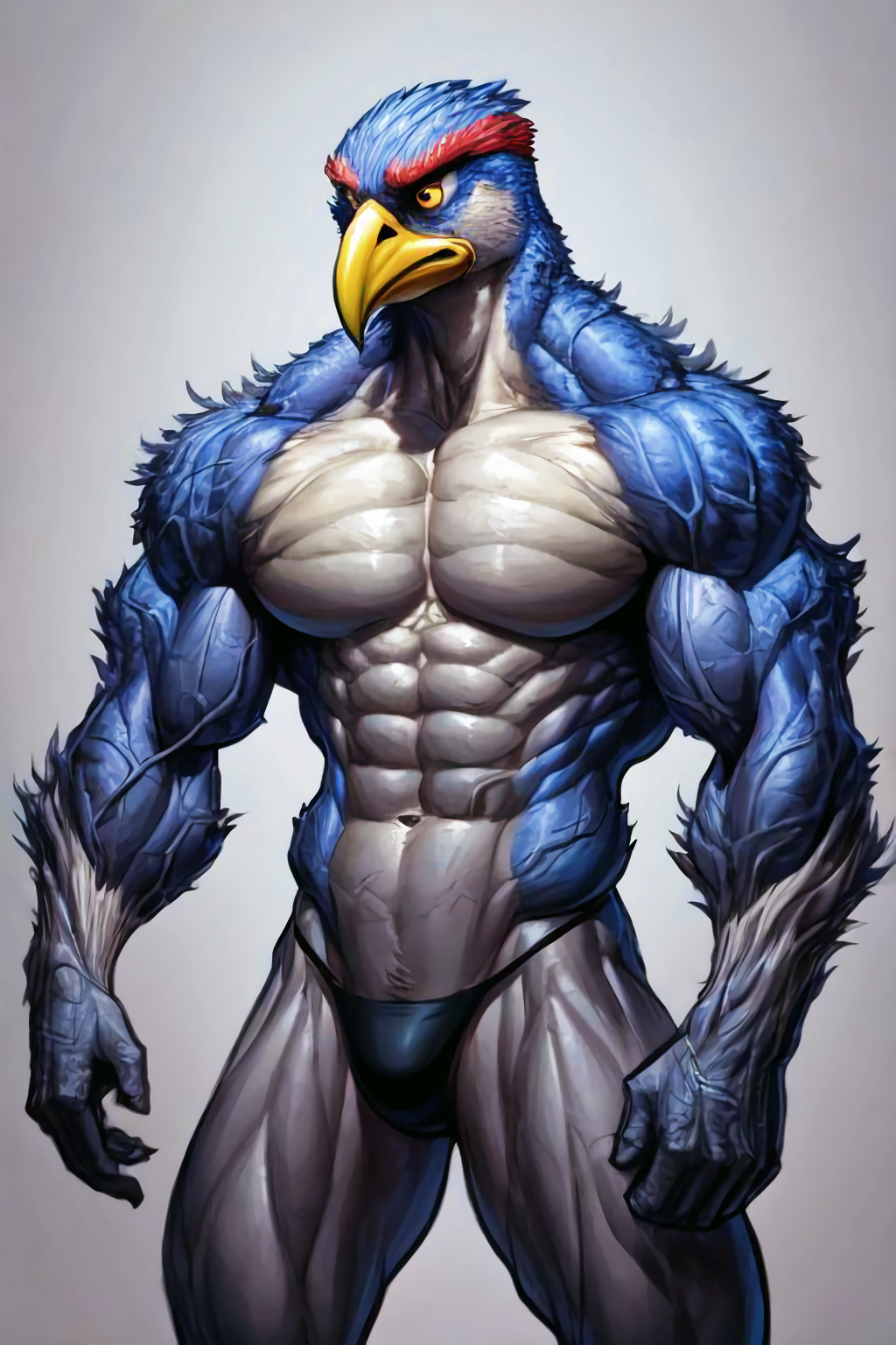 abs ai_generated anthro athletic athletic_anthro athletic_male avian beak biceps big_muscles bird clothing falcon falconid feathers growth male male_only muscle_growth muscular muscular_anthro muscular_male navel nipples nude panties pecs ripped_muscles solo standing thick_thighs transformation triceps underwear veiny_biceps veiny_muscles white_body yellow_beak