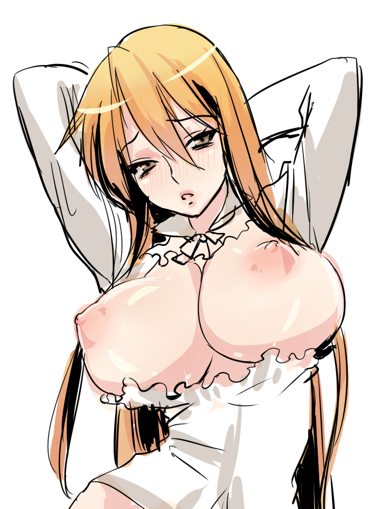 artist request, barely contained, barely contained breasts, blonde hair, blush, breasts, breasts too big, bursting breasts, female, highschool of the dead, huge breasts, inconvenient boobs, inconvenient breasts, large breasts, nipples, shizuka marikawa, tight clothes, tight clothing, tight fit, too tight, undersized clothes, undersized clothing, wardrobe malfunction