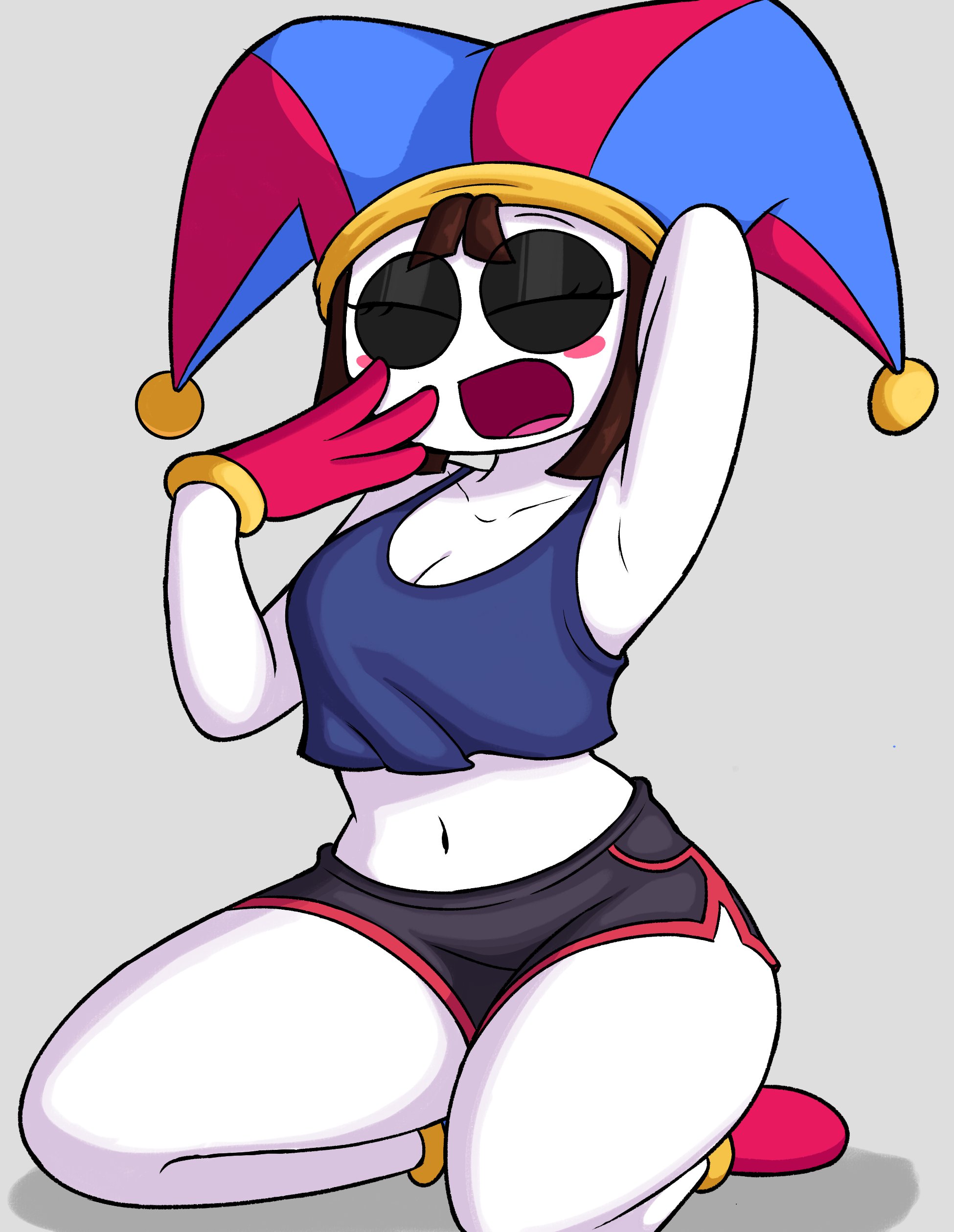 1girls, background, belly button, blush, breasts, cleavage, closed eyes, dolphin shorts, gloves, hand behind head, jester hat, kneeling, pomni (the amazing digital circus), shaded, shoes, short hair, short shirt, shorts, showing armpit, sketchfins, solo, stretching, the amazing digital circus, thick thighs, white skin, yawn