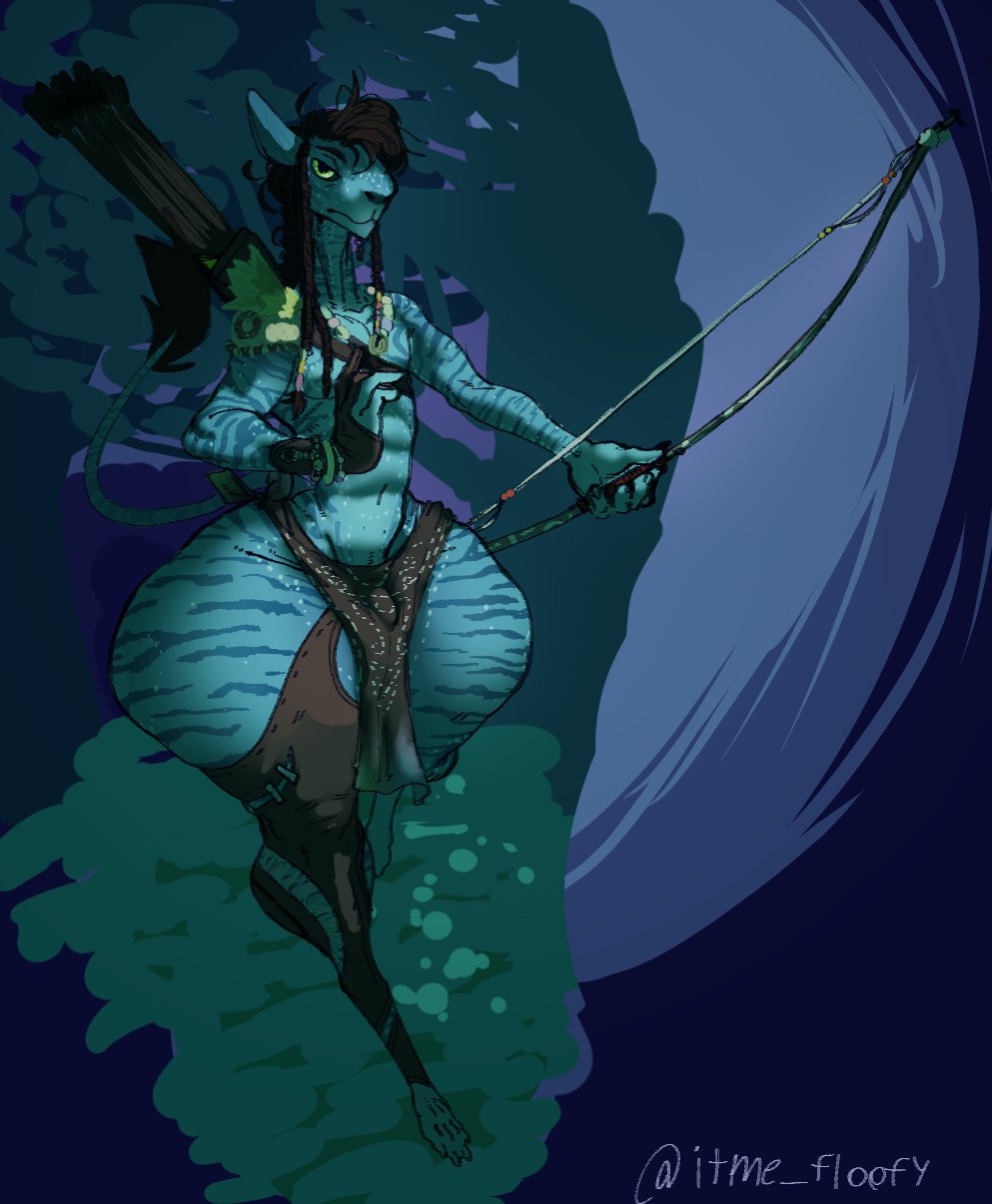 2024 arrows avatar black_hair blue_body blue_skin bow_(weapon) digital_media_(artwork) fat_ass femboy feminine_male itme_floofy male male_only na'vi solo tiger_stripes wide_hips