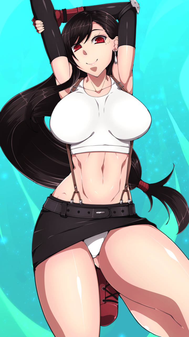 1girls belt_skirt black_hair black_skirt breasts byakkun byakkun_(byakkun8181) crop_top earrings elbow_gloves final_fantasy final_fantasy_vii fingerless_elbow_gloves fingerless_gloves gloves large_breasts long_hair looking_at_viewer midriff navel panties red_eyes shoes skirt skirt_lift tifa_lockhart upskirt white_crop_top white_panties