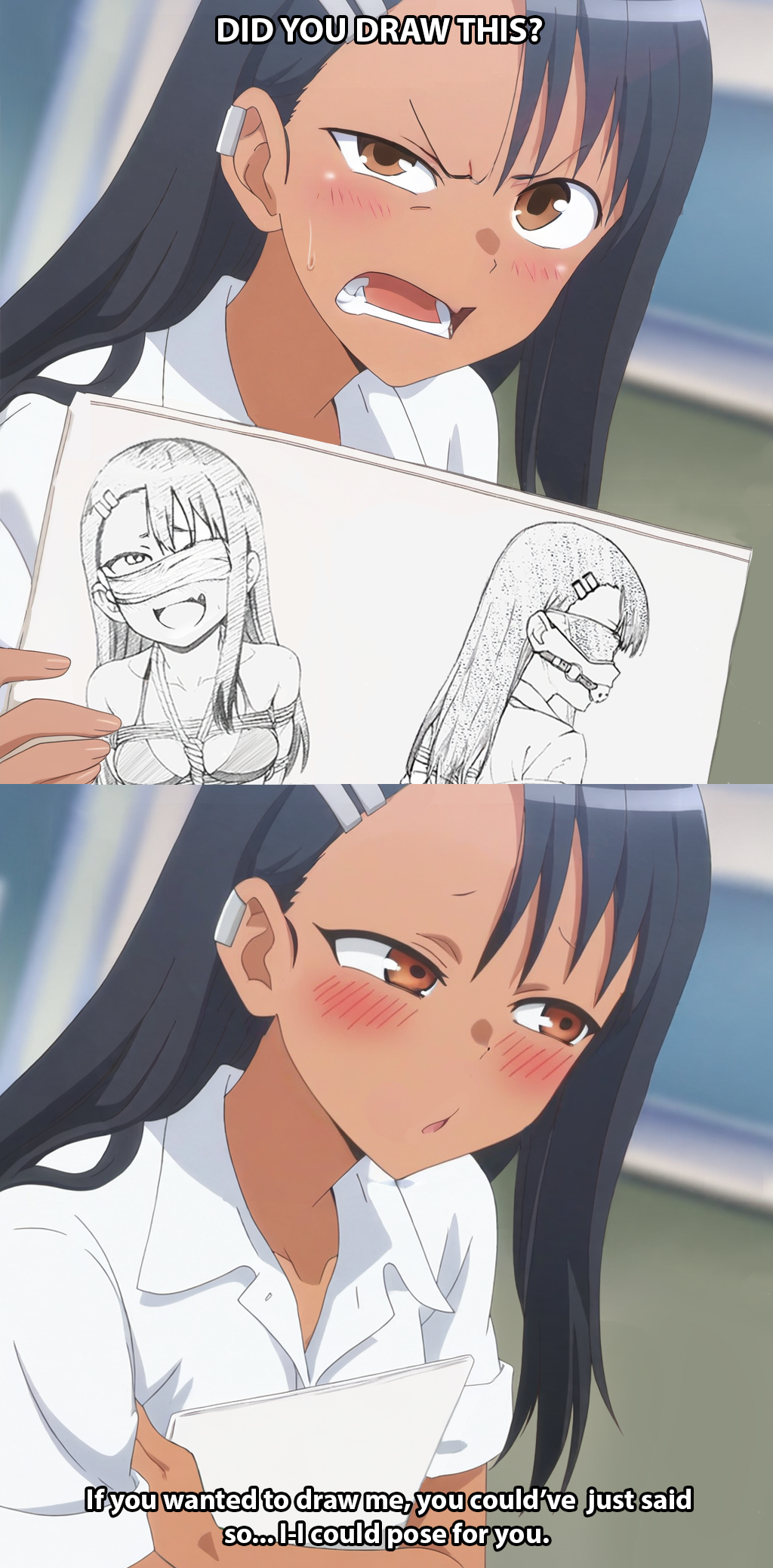 1girls ball_gag black_hair blindfold blush bondage boyfriend-girlfriend breasts dark-skinned_female dark_skin drawing english_text hayase_nagatoro naoto_hachioji_(senpai) please_don't_bully_me,_nagatoro school_uniform schoolgirl sketch talking_to_viewer vaamos wholesome