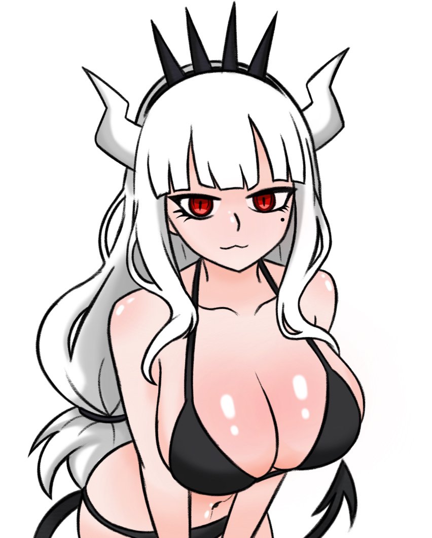 artist_request black_bikini demon_girl demon_horns demon_tail helltaker long_hair lucifer_(helltaker) red_eyes white_background white_hair