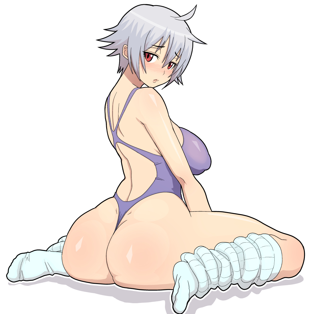 1girls, ahoge, alternate costume, ass, backboob, big ass, blush, breasts, canon genderswap, female, female only, genderswap, genderswap (mtf), ginko sakata, gintama, gintoki sakata, huge ass, leotard, looking back, loose socks, one-piece swimsuit, red eyes, rule 63, short hair, silver hair, socks, solo, sueyuu, swimsuit, wariza, white hair