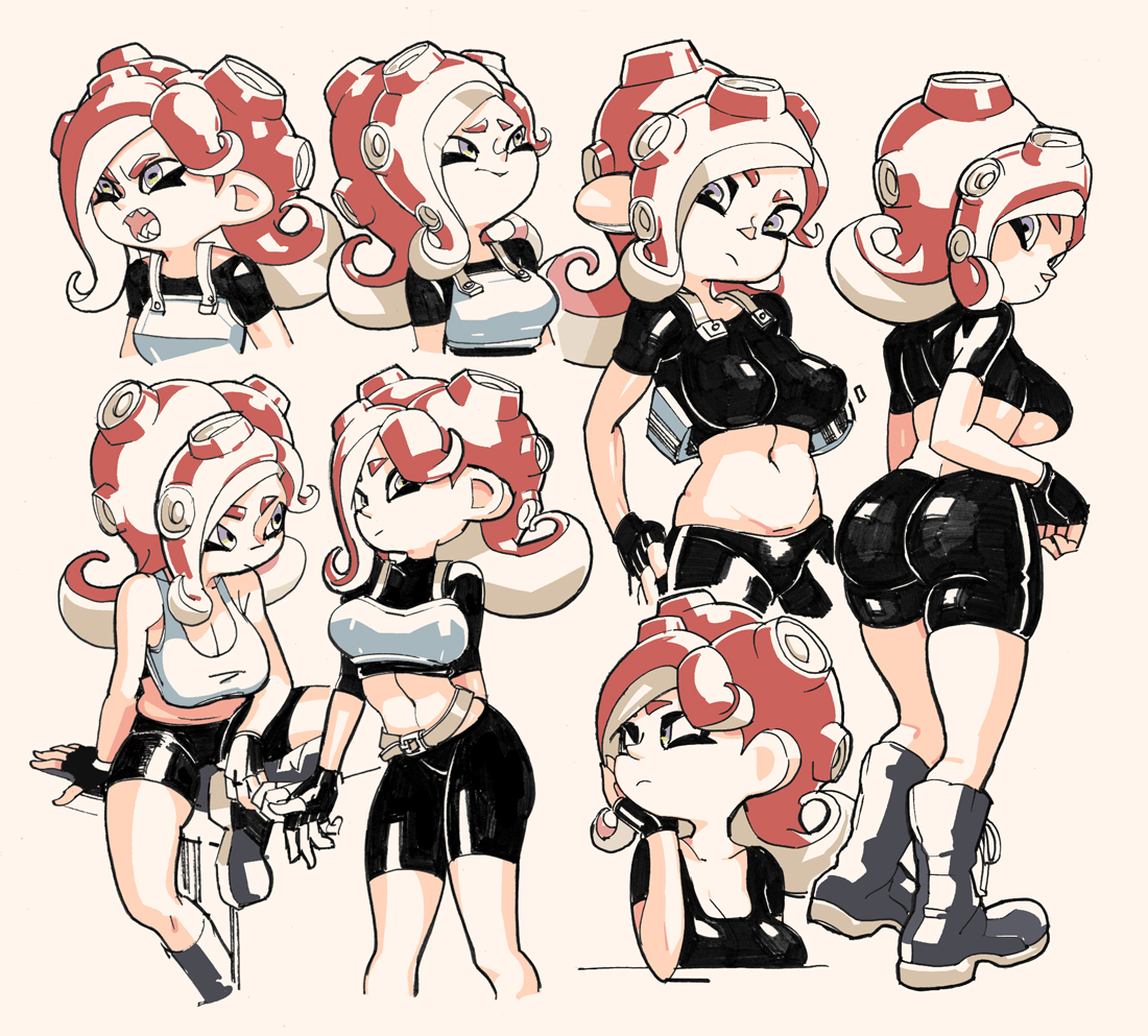 2girls, ass, bike shorts, breasts, female, horny, nintendo, octoling, octoling girl, shorts, solo, splatoon, underboob, yuta agc
