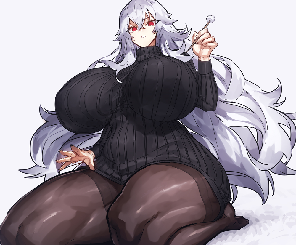 1girls azur_lane breasts female female_focus graf_zeppelin_(azur_lane) huge_breasts inviting kneeling long_hair massive_breasts mature_female melon22 melonnyinyi red_eyes solo solo_female solo_focus sweater thick_thighs thighs thunder_thighs white_hair