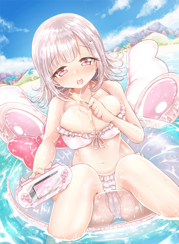 bikini breasts cleavage danganronpa danganronpa_2:_goodbye_despair female flipped_hair food hair_ornament handheld_game_console innertube kamiya_zuzu medium_hair messy nanami_chiaki official_alternate_costume open_mouth outstretched_arm pink_eyes pink_hair playstation_vita pool popsicle saliva solo straight_hair swimsuit water white_bikini