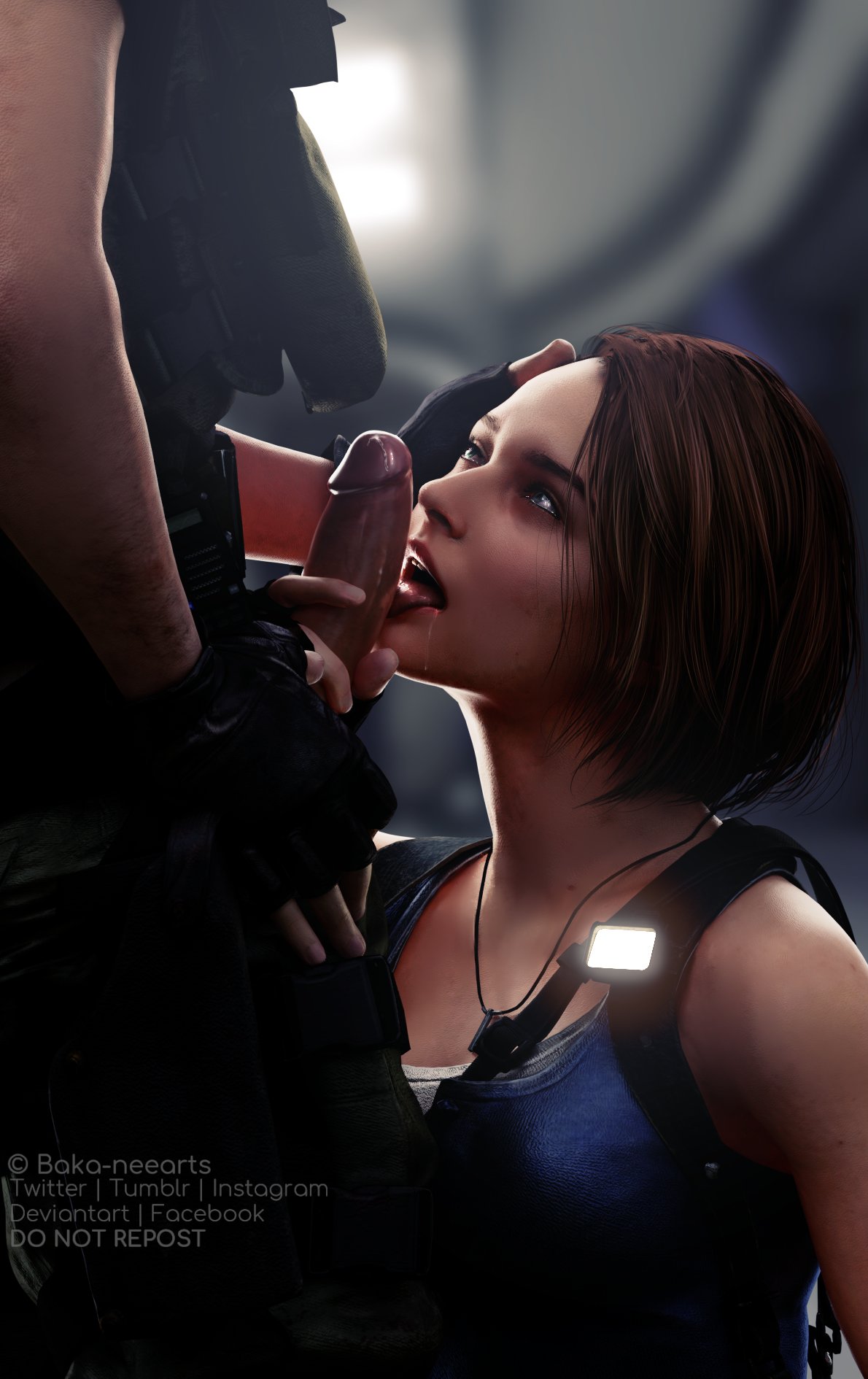 1boy, 1girls, 3d, 3d (artwork), black gloves, blue eyes, brown hair, capcom, carlos oliveira, dark skin, dark-skinned male, fellatio, female, fingerless gloves, gloves, highres, interracial, jill valentine, jill valentine (sasha zotova), licking, licking penis, light skin, light-skinned female, looking up, male, oral, penis, resident evil, resident evil 3, resident evil 3 remake, ria-neearts, sex, straight, thick penis, uncensored