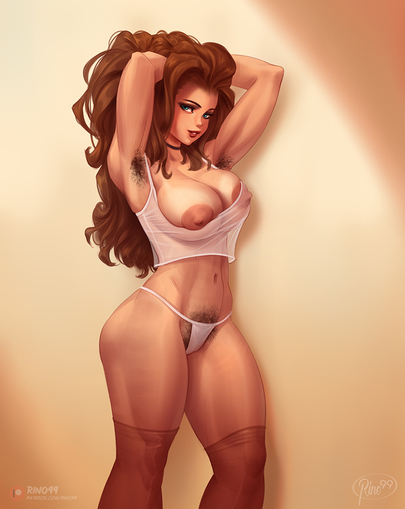1girls, areolae, armpit fetish, armpit hair, armpits, arms behind head, arms up, artist name, athletic, athletic female, bare midriff, big breasts, breasts, brown hair, choker, cleavage, crop top, excessive pubic hair, female, female armpit hair, female focus, female only, g-string, hairy, hairy armpits, hairy pussy, large breasts, long hair, looking at viewer, navel, nipples, original, overflowing breasts, paid reward available, patreon username, pinup, pose, posing, pubic hair, pubic hair peek, pussy, rino99, sexy armpits, signature, solo, standing, tank top, thighhighs, thong, toned, toned female