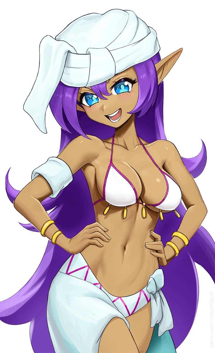 artist name, bikini, bikini top, blue eyes, breasts, clothed, female, female only, hands on hips, long hair, looking at viewer, midriff, patreon username, pointy ears, purple hair, revenantart, shantae, shantae (character), simple background, smile, smiling, solo, tan skin