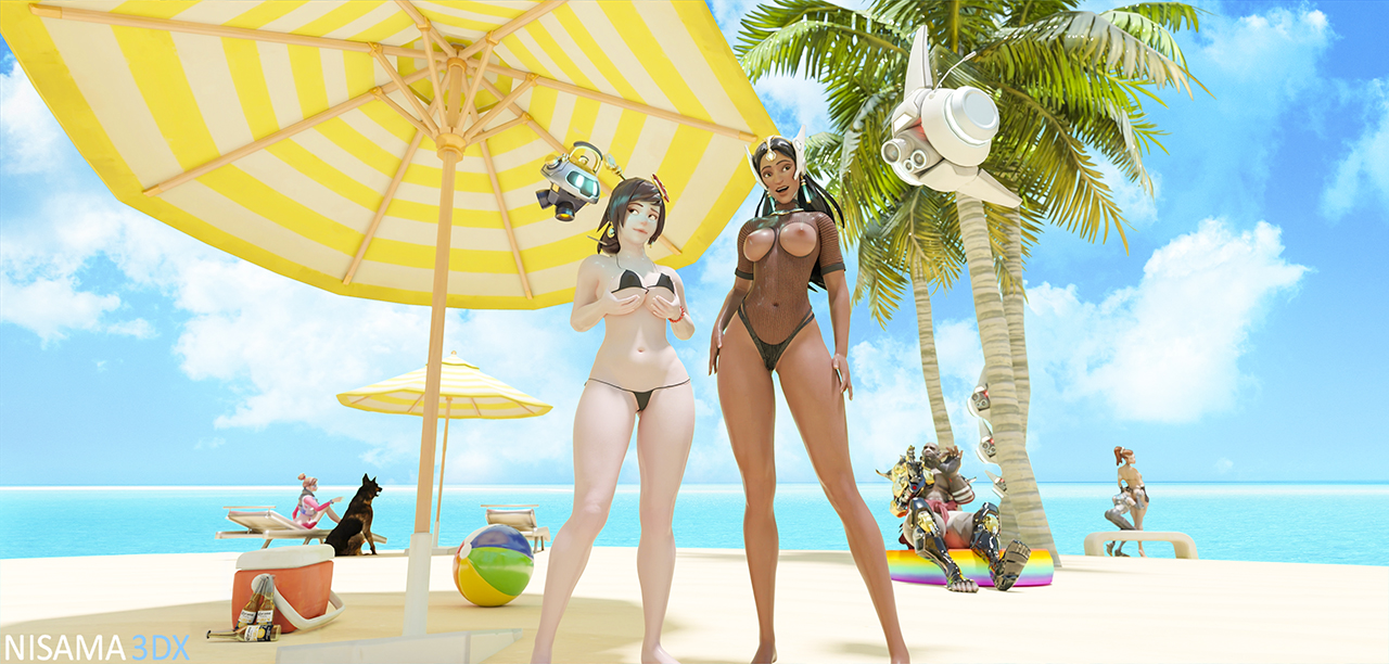 3d, beach, beach ball, breasts, female, mei (overwatch), nisama3dx, nisamasfm, overwatch, pose, shiny skin, symmetra