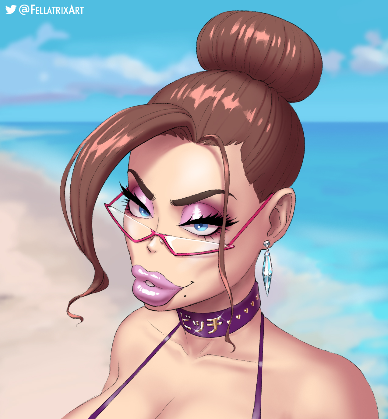 1girls, bimbo, blush, diamond earrings, earrings, eyelashes, eyeshadow, fellatrix, female, glasses, hair bun, lipstick, makeup