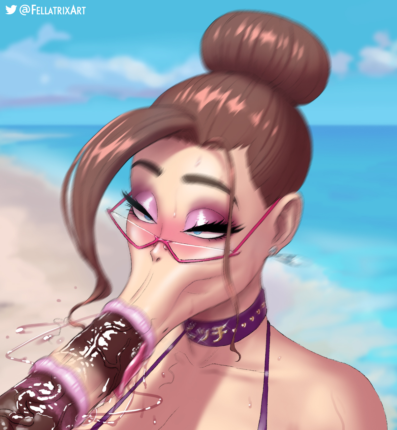 :>=, 1boy, 1girls, angry dragon, big penis, bimbo, blush, dark skin, dark-skinned male, diamond earrings, eyelashes, eyeshadow, fellatio, fellatrix, female, glasses, hair bun, interracial, lipstick, lipstick on penis, makeup, male, penis