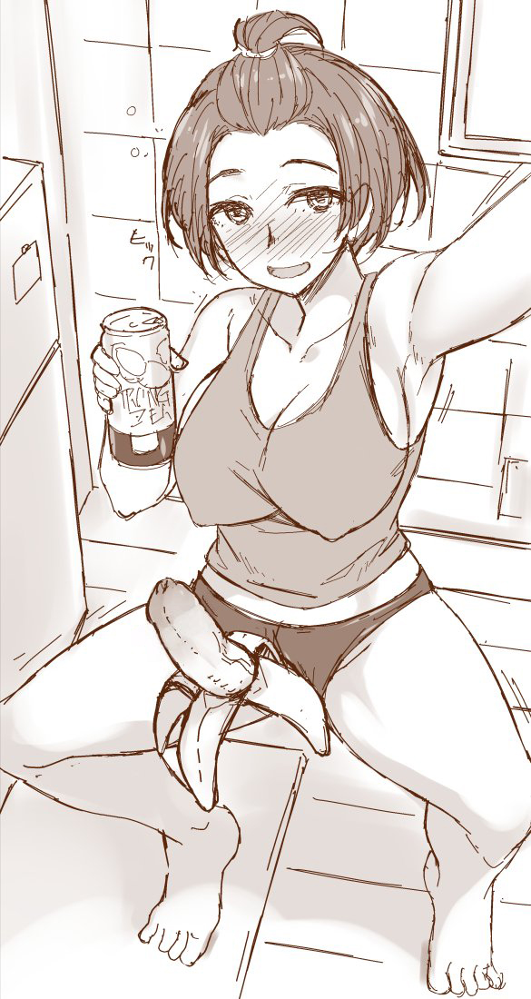 1futa, banana, blush, breasts, condessa, erection, futa only, futanari, intersex, looking at viewer, monochrome, nipple bulge, penis, solo