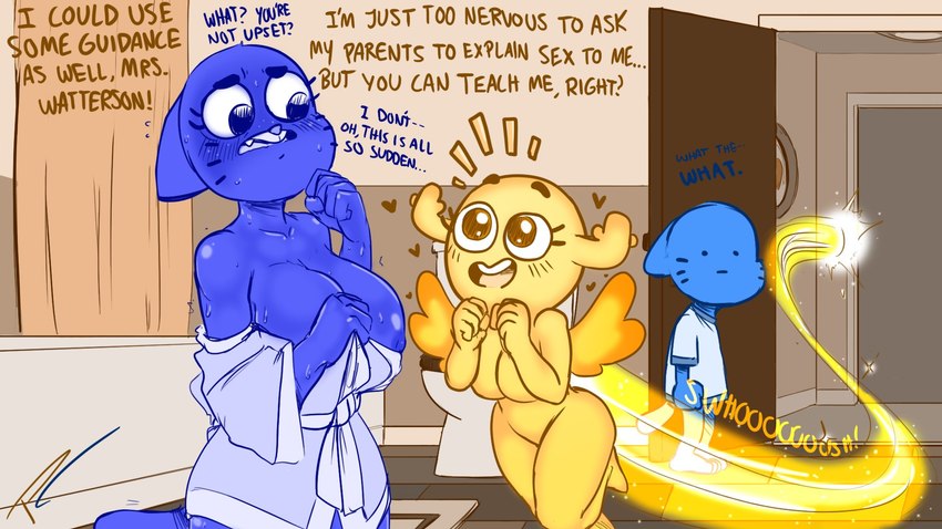 age difference, alternate breast size, anthro, antlers, areolae, bathrobe, big breasts, blue fur, blue nipples, blush, bottomless, breasts, cartoon network, cheating, cheating boyfriend, cheating wife, cleavage, confusion, cuckquean, dialogue, ears down, eye contact, eyelashes, fakeryway, fast, featureless breasts, female, functionally nude, functionally nude female, gumball watterson, heart, huge breasts, incest, milf, nervous, nicole watterson, nipple slip, nipples, no nipples, oerba yun fang, older female, onomatopoeia, penny fitzgerald, pleasure castle, request, sex request, size difference, surprised, t-shirt, tail, the amazing world of gumball, topwear, trio, uncomfortable, visible nipples, whiskers, wide eyed, wings, young