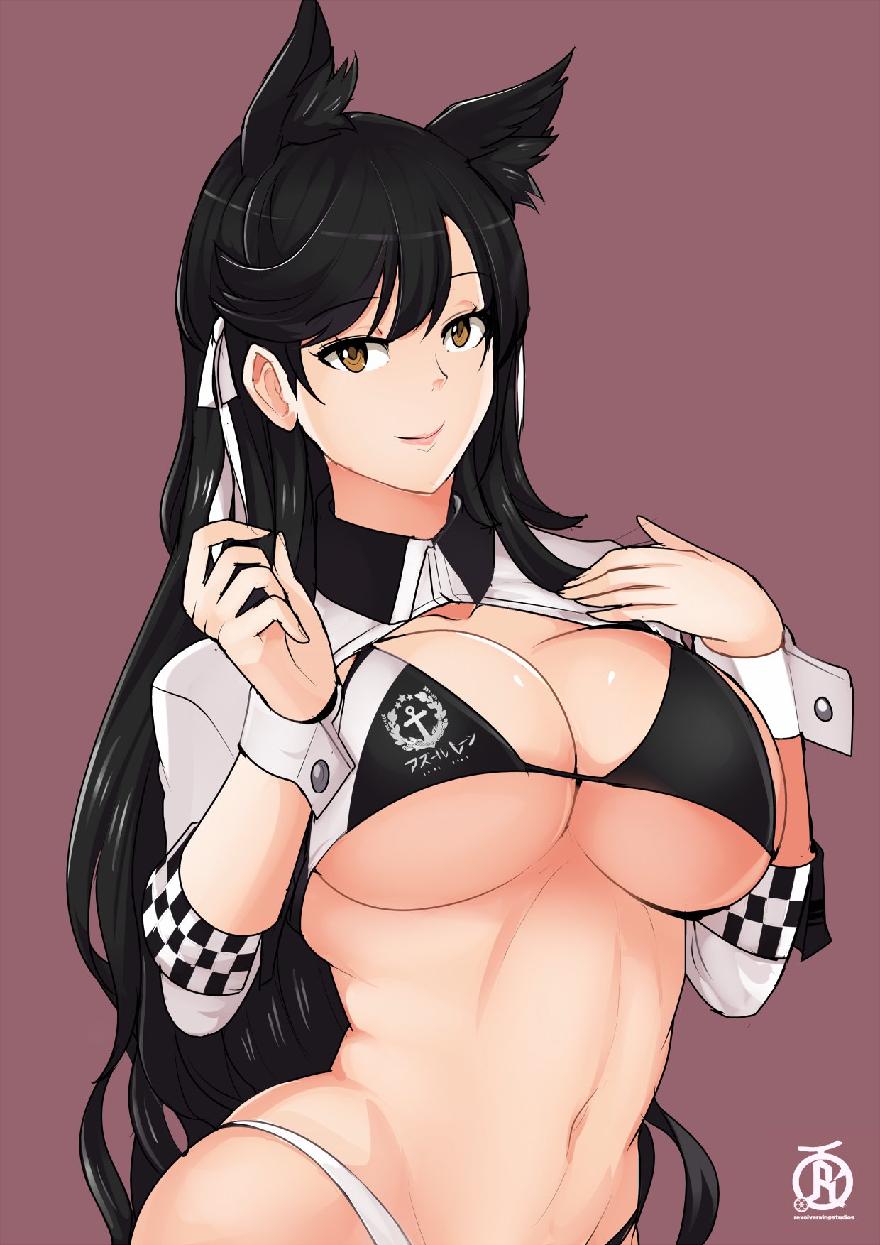 animal ears, atago (azur lane), atago (stunning speedster) (azur lane), azur lane, big breasts, black hair, bra, breasts, color, dog ears, dog girl, female, female only, long hair, revolverwingstudios, smile, solo, solo female, solo focus