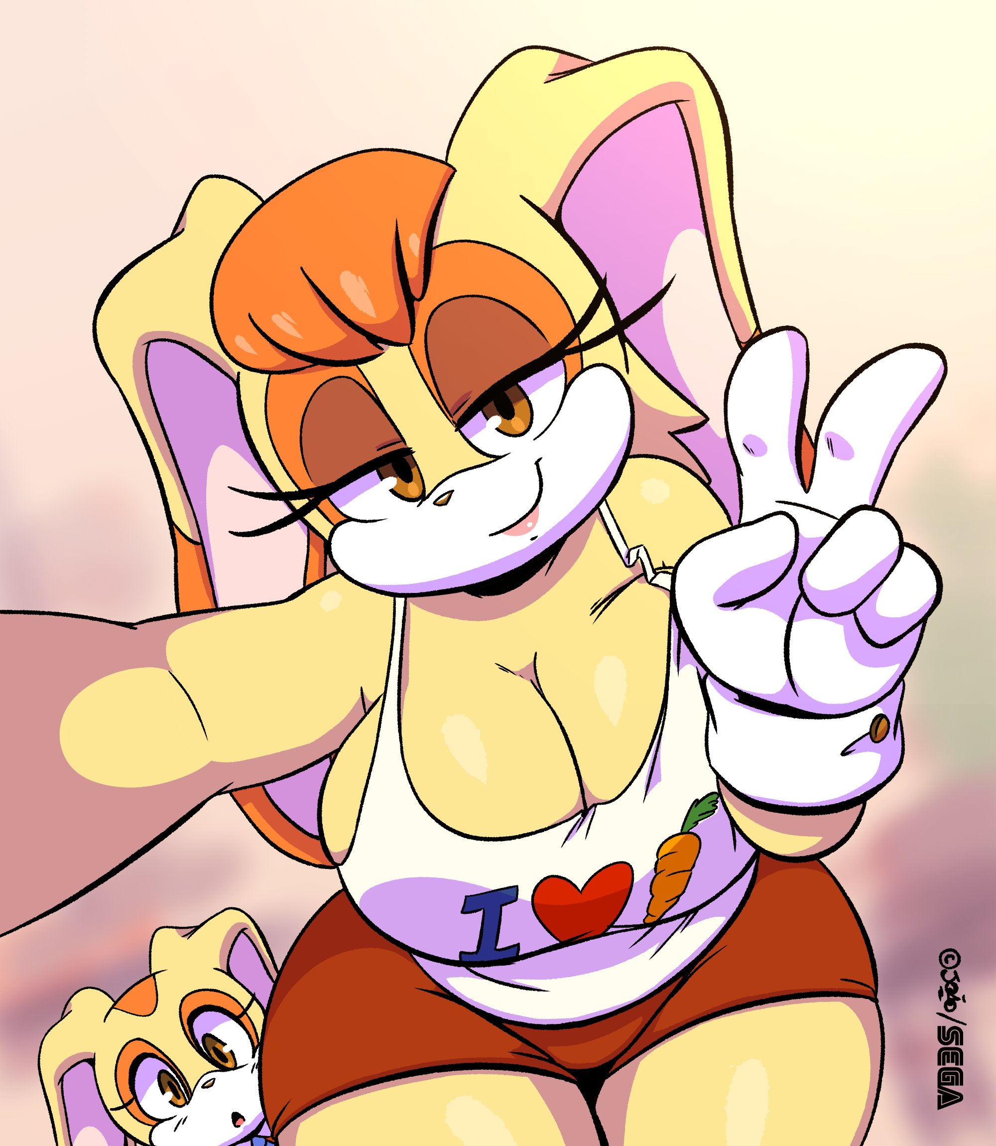 2girls, animal ears, anthro, breasts, bunny ears, carrot, cleavage, cream the rabbit, female, female only, food, furry, half-closed eyes, huge breasts, joaoppereiraus, lagomorph, looking at viewer, mature female, no bra, peace sign, sega, selfie, short shorts, shorts, sonic (series), thick thighs, vanilla the rabbit, white shirt, yellow fur