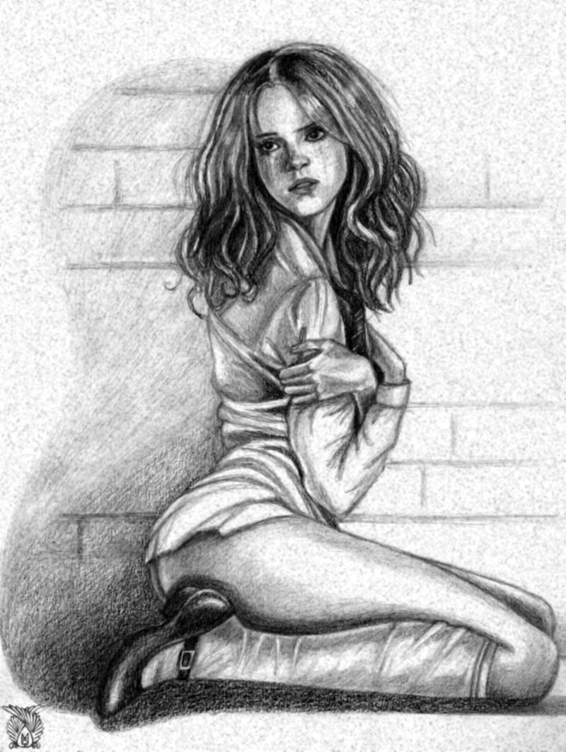 1girls bottomless brick_wall charcoal female hand_on_arm harry_potter hermione_granger kneeling monochrome solo tagme tigress0787