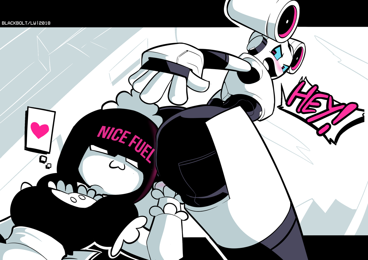 ass, big ass, blackboltlonewolf, blush, female, fingers in pussy, heart, jessye omnirole, maid, maidbot (androjuniarto), mob face, pink eyes, pussy, robot, robot girl, yuri