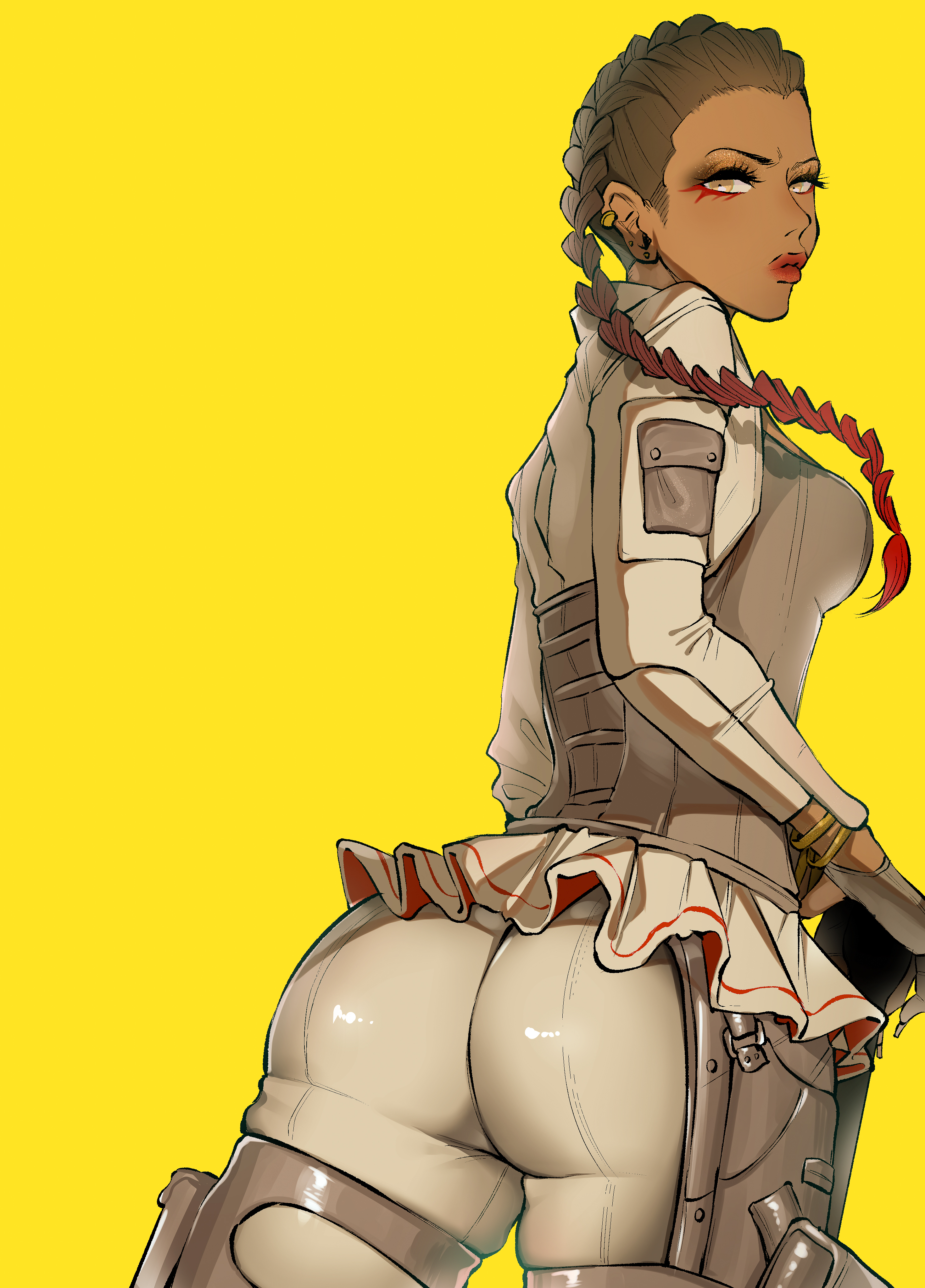 1girls, 2d, abs, apex legends, ass, big ass, braid, braided hair, braided twintails, brazilian, brazilian female, breasts, brown eyes, brown hair, brunette, choker, dark skin, dark-skinned female, eyelashes, eyeliner, eyeshadow, female, female only, freckles, latina, loba (apex legends), looking at viewer, looking back, multicolored hair, orange eyes, pants, red eyeshadow, red lipstick, shiruka bakaudon, thick thighs, twintails, upset, yellow eyes