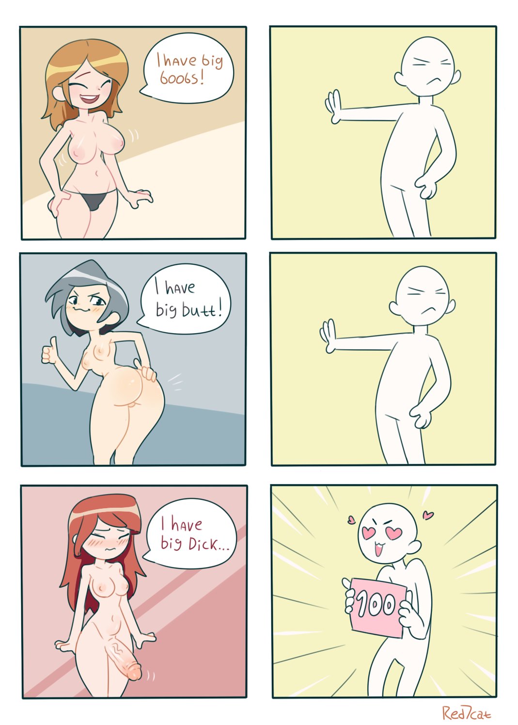 :3, 1boy, 1futa, 2girls, areolae, ass, big ass, big breasts, big penis, blonde hair, blush, breasts, closed eyes, closed mouth, comic, dickgirl, english text, female, futanari, hand on ass, hand on hip, heart eyes, humor, intersex, long hair, male, open mouth, panties, penis, red hair, red7cat, short hair, simple background, small breasts, speech bubble, text, vein