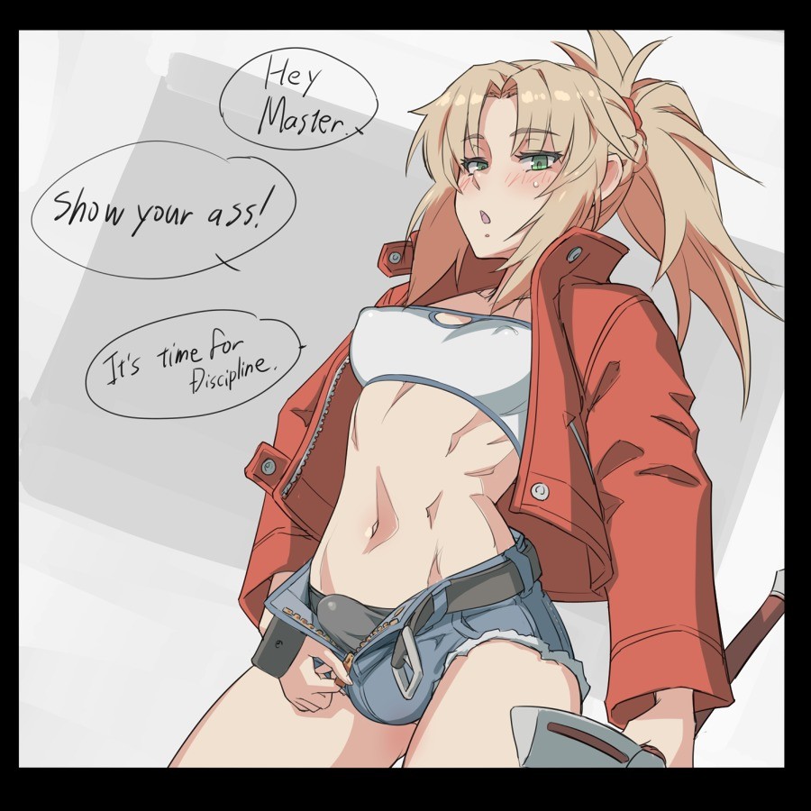 1futa abs blonde_hair blush bulge caption clothed dialogue erection fate_(series) futa_only futadom futadom_caption futanari green_eyes hotpants imminent_sex large_balls large_penis mikoyan mordred_(fate) navel nipple_bulge short_shorts shorts small_breasts solo solo_futa text