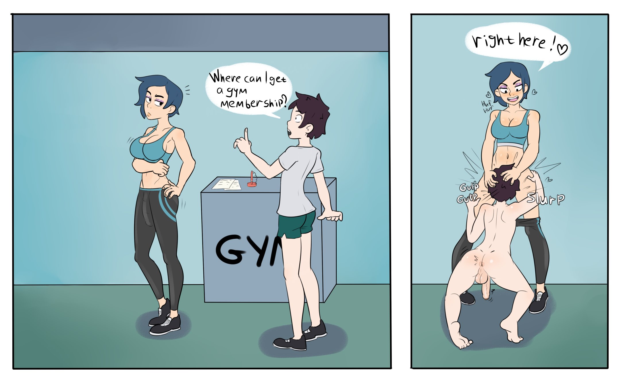 1boy, 1futa, 2koma, ass, back, backsack, balls, ballsack, bare legs, barefoot, blue hair, blush, breasts, bulge, cameltail, cleavage, cock-tail, curvy, deepthroat, domination, english text, erection, face fucking, feet, fellatio, femboy, forced oral, futa is bigger, futa on male, futa penetrating, futadom, futanari, gym, instant loss 2koma, intersex, large breasts, large penis, male, male penetrated, male sucking futa, malesub, midriff, navel, nude, open mouth, oral, penis, penis bulge, penis under clothes, red7cat, shoes, short shorts, soles, speech bubble, standing, testicles, text, tight clothing, toes, toned, toned futa, tongue