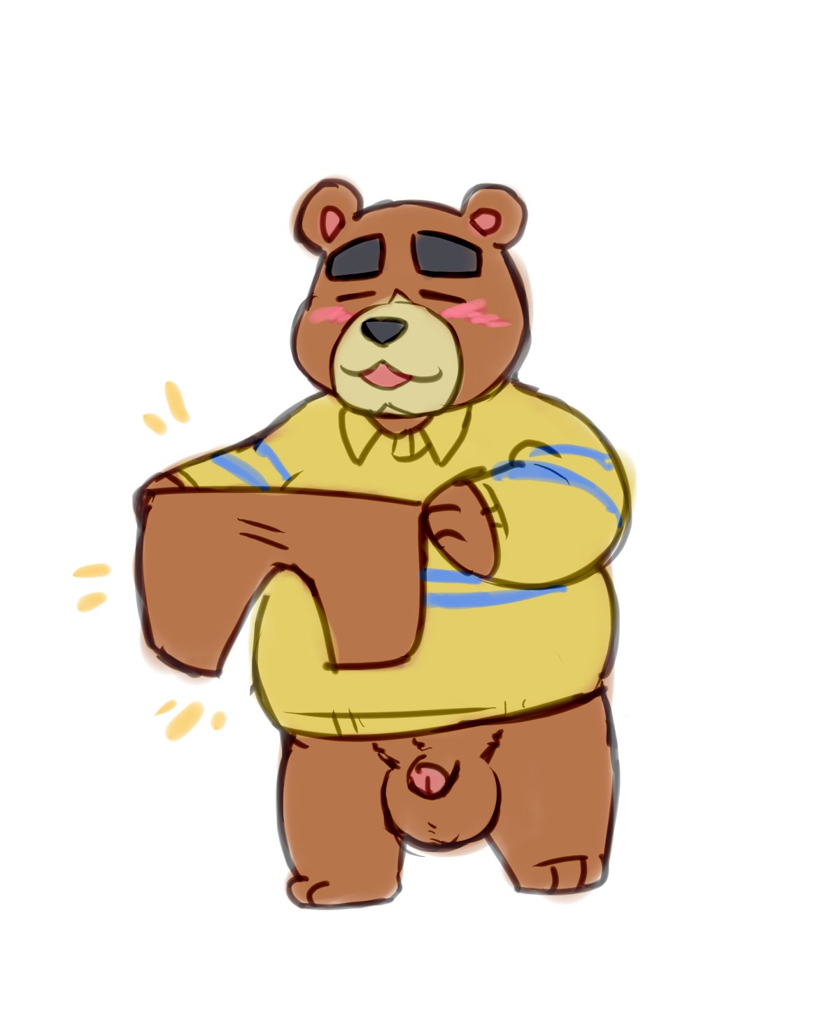 2020 animal_crossing anthro balls big_balls blush bottomwear brown_body brown_fur clothing fur genitals hi_res male male_only mammal megawaffle_(artist) nintendo overweight overweight_male pants penis simple_background solo teddy_(animal_crossing) ursid video_games white_background