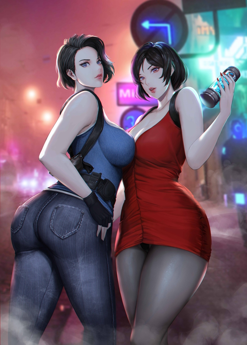 2girls, ada wong, ada wong (adriana), ass, big ass, big breasts, black hair, breasts, breasts to breasts, brown hair, dress, female, female only, human, human only, jeans, jill valentine, jill valentine (sasha zotova), miaosij, pants, resident evil, resident evil 2, resident evil 3, resident evil 3 remake, short dress, short hair, thunder thighs, tight clothing, tight dress, tight jeans, tight pants, uncensored