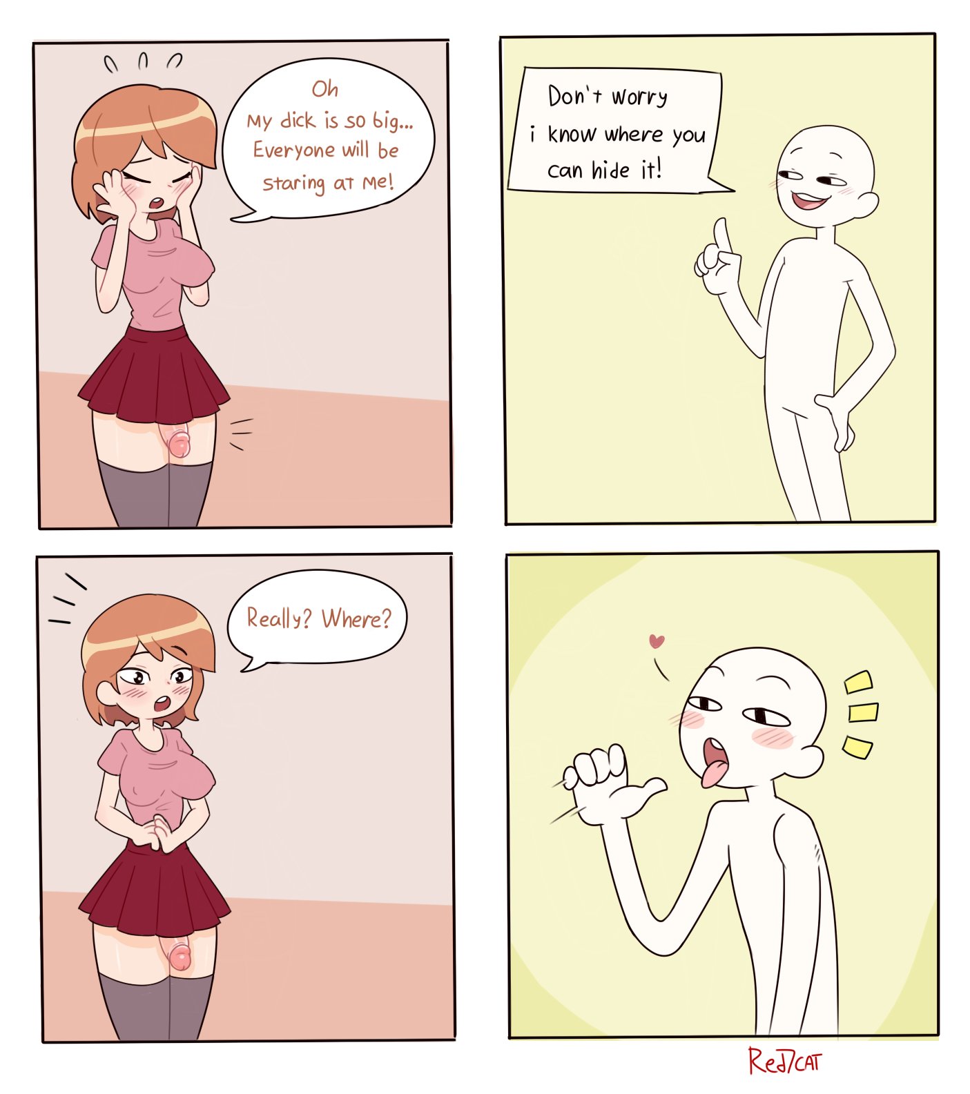 1boy, 1futa, balls, comic, dickgirl, english text, futanari, humor, intersex, male, penis, red7cat, text